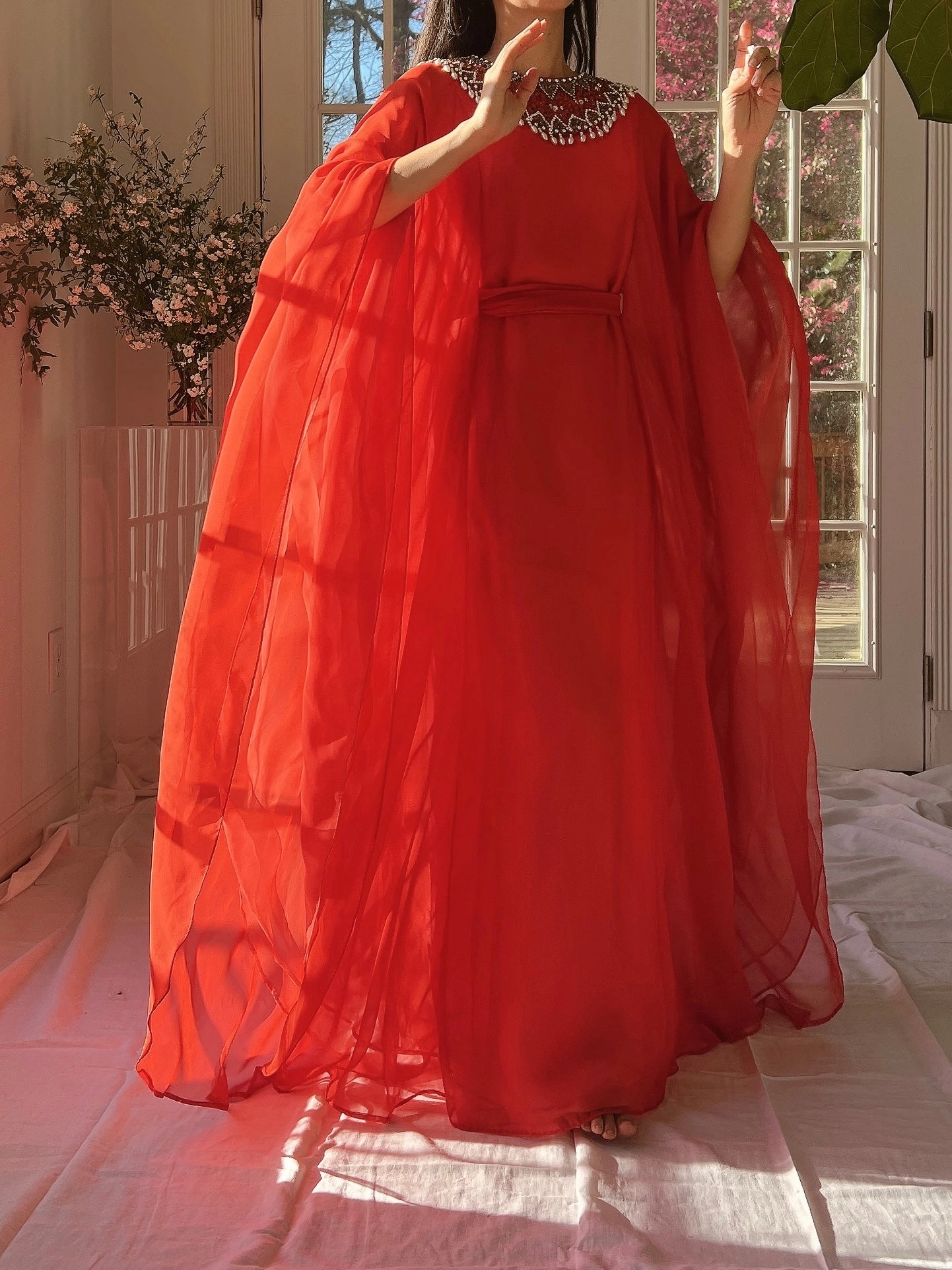 1960s Coral Red Chiffon Kaftan Dress - L
