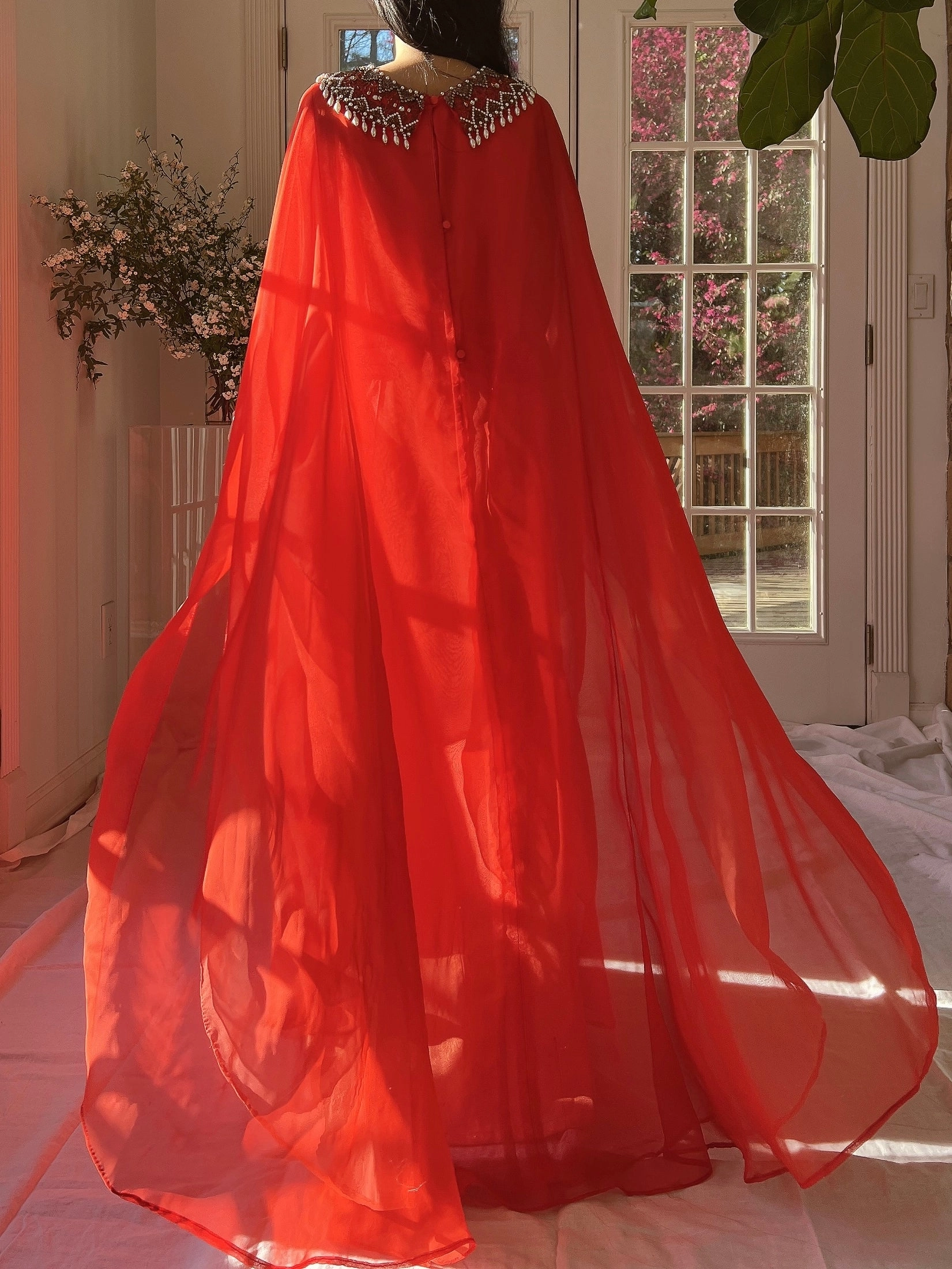 1960s Coral Red Chiffon Kaftan Dress - L