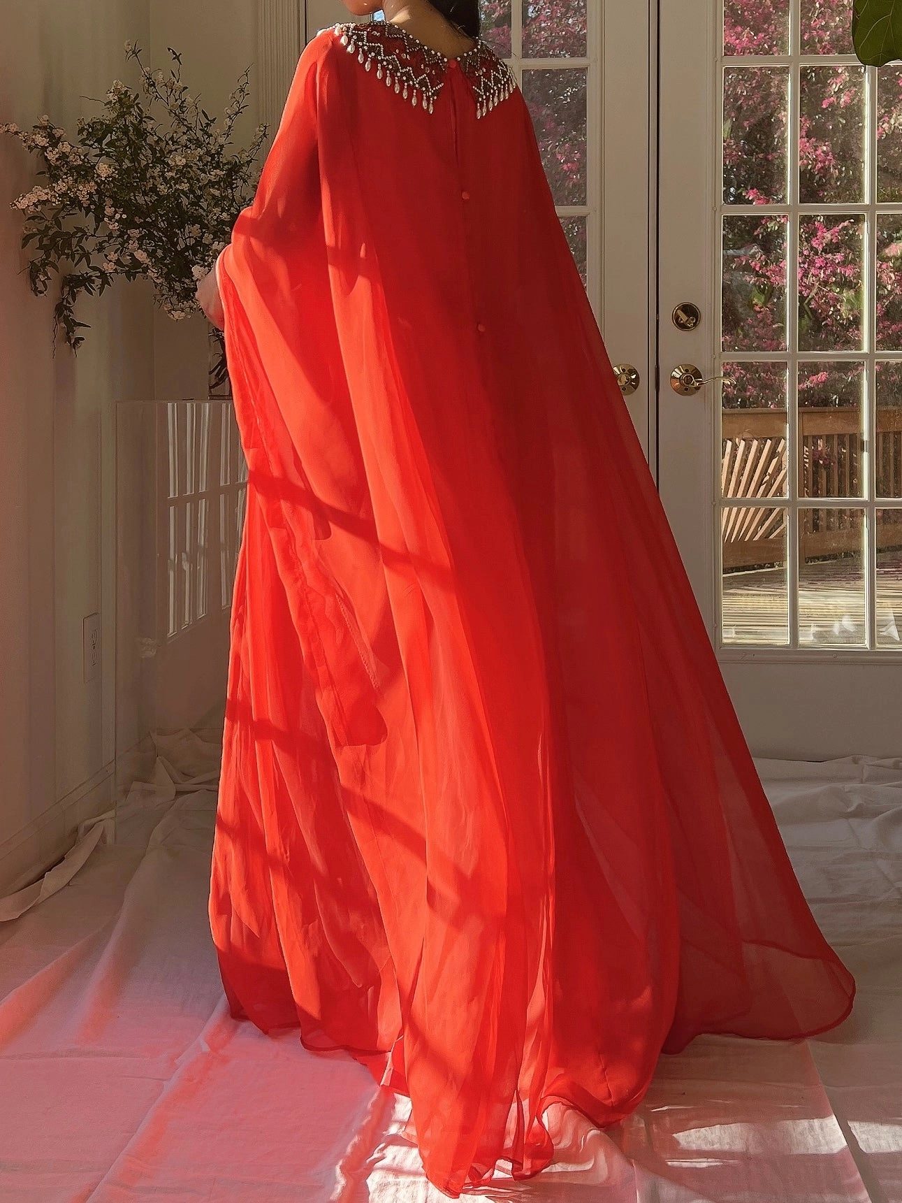 1960s Coral Red Chiffon Kaftan Dress - L