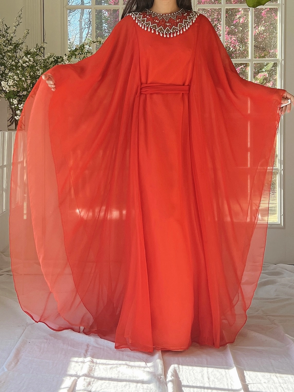 1960s Coral Red Chiffon Kaftan Dress - L