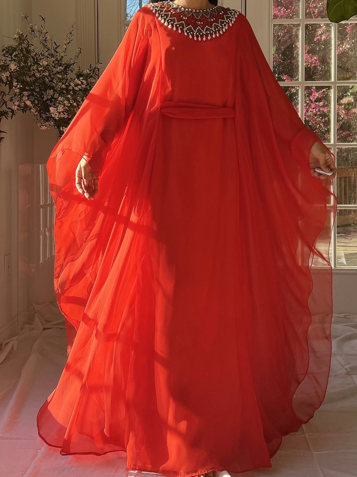 1960s Coral Red Chiffon Kaftan Dress - L