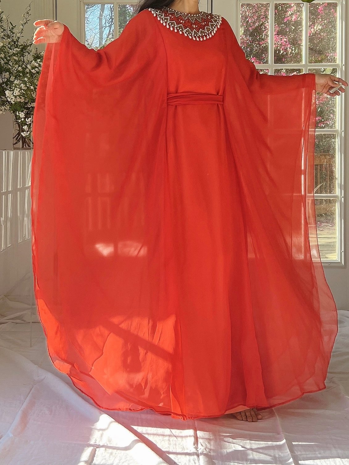1960s Coral Red Chiffon Kaftan Dress - L