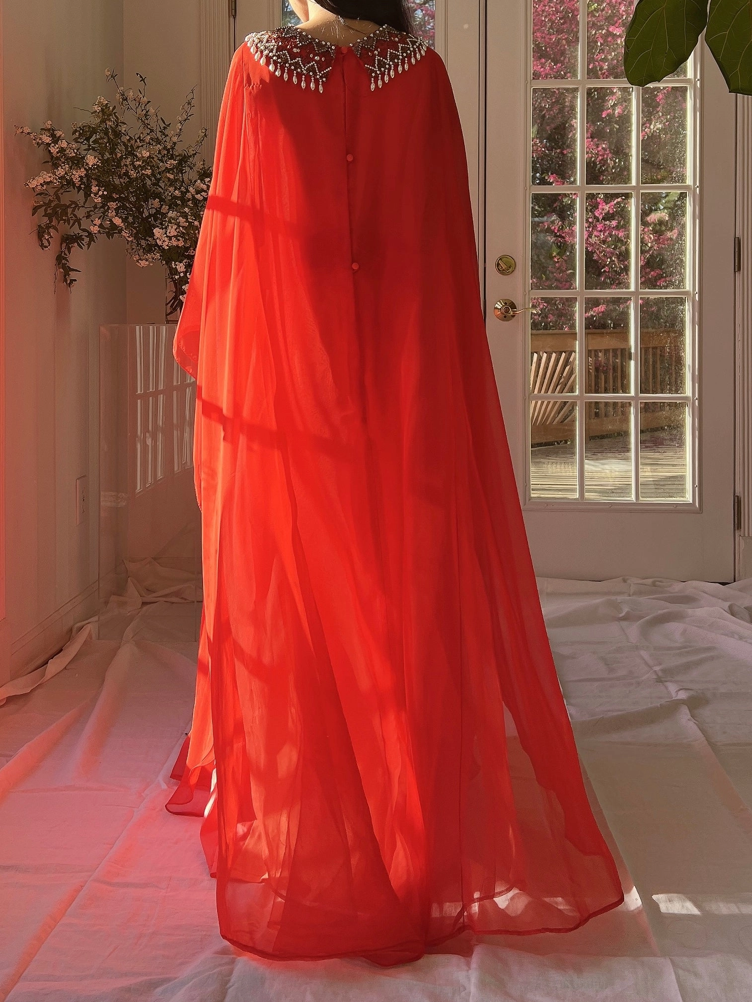 1960s Coral Red Chiffon Kaftan Dress - L