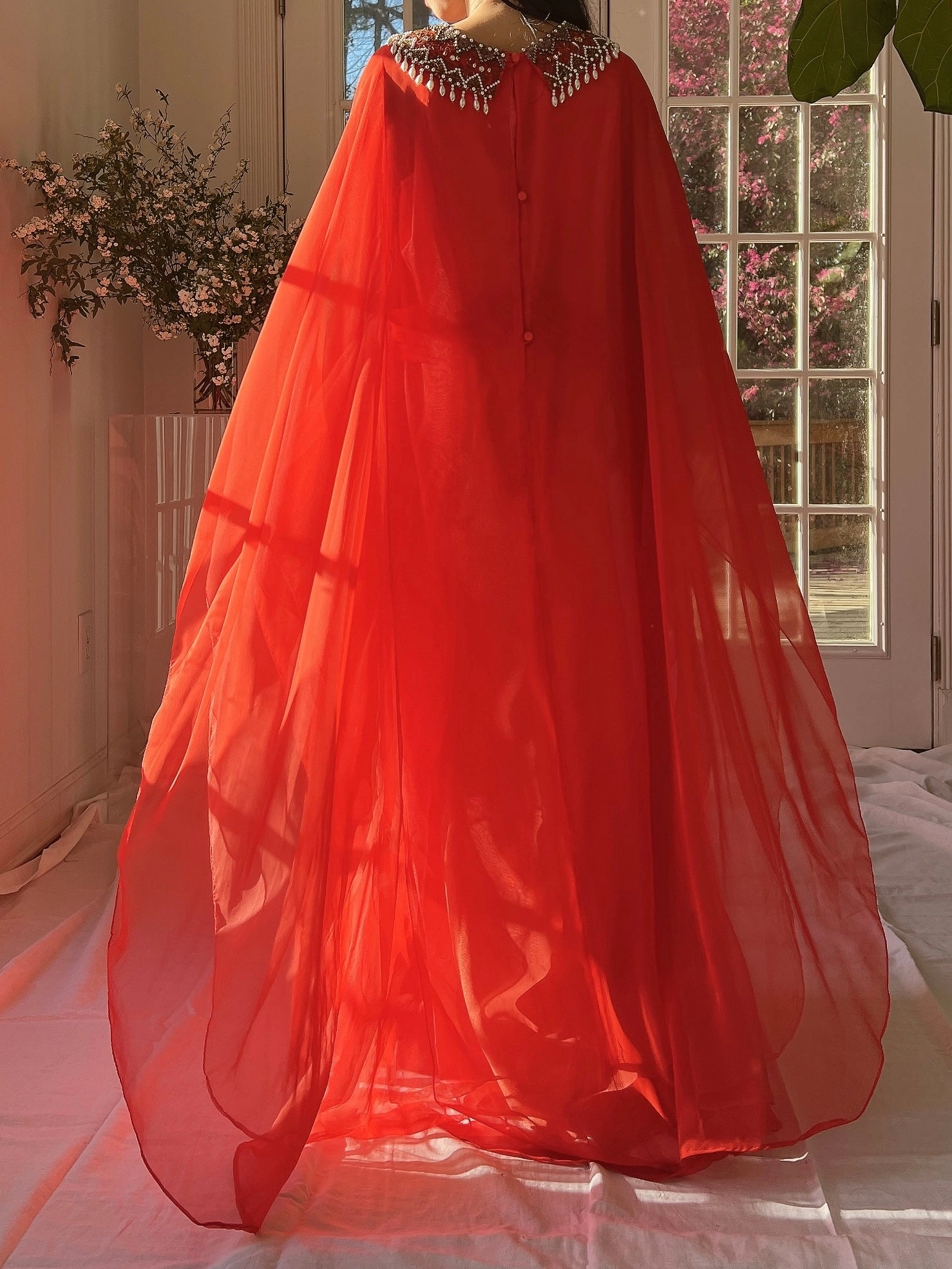 1960s Coral Red Chiffon Kaftan Dress - L