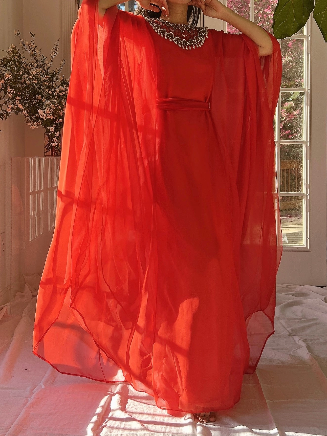 1960s Coral Red Chiffon Kaftan Dress - L