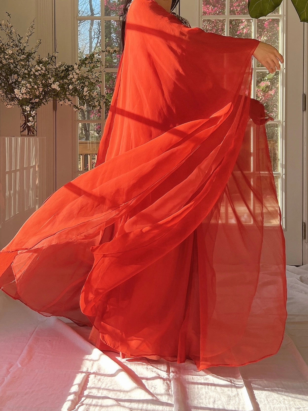 1960s Coral Red Chiffon Kaftan Dress - L