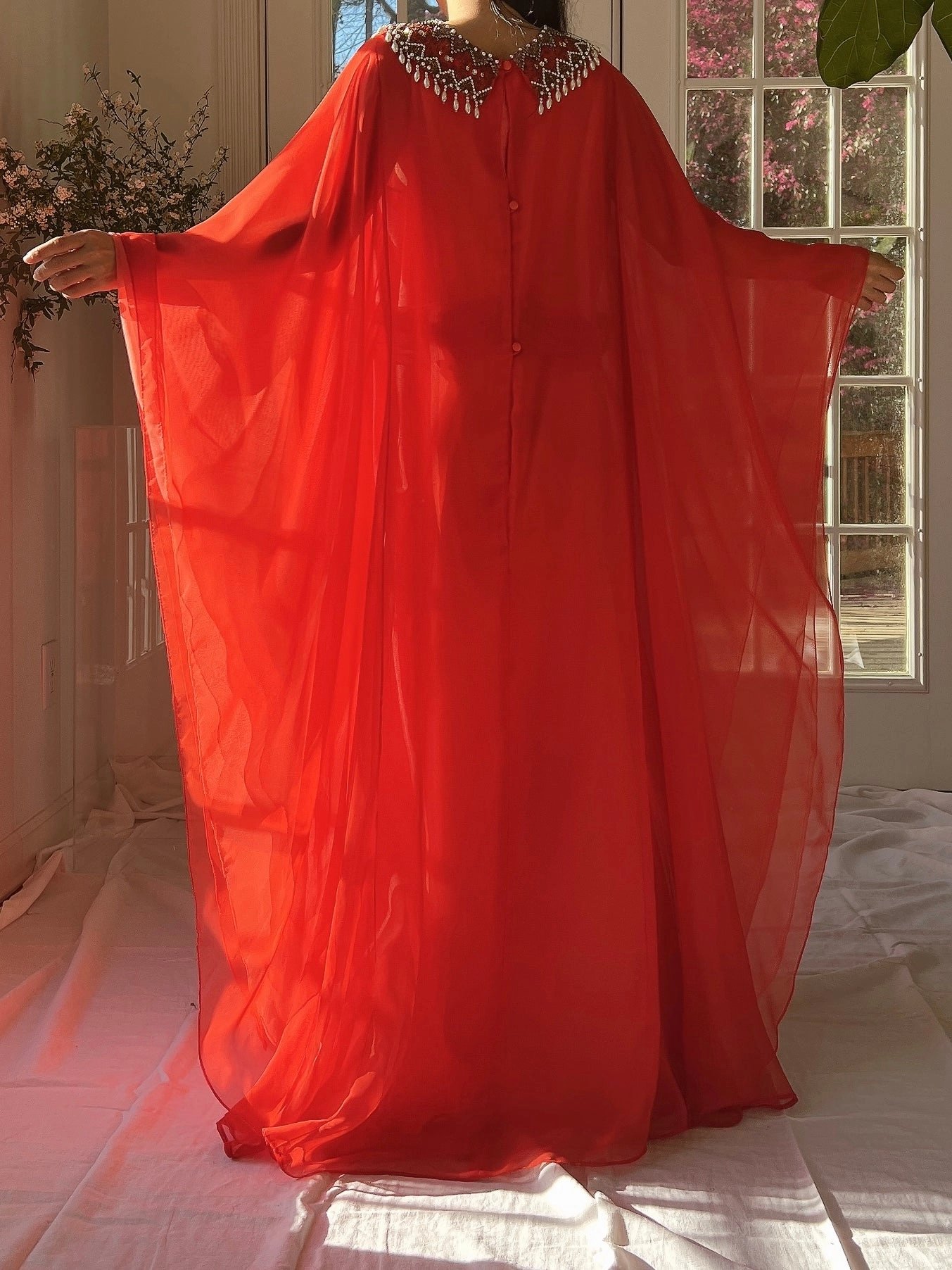 1960s Coral Red Chiffon Kaftan Dress - L
