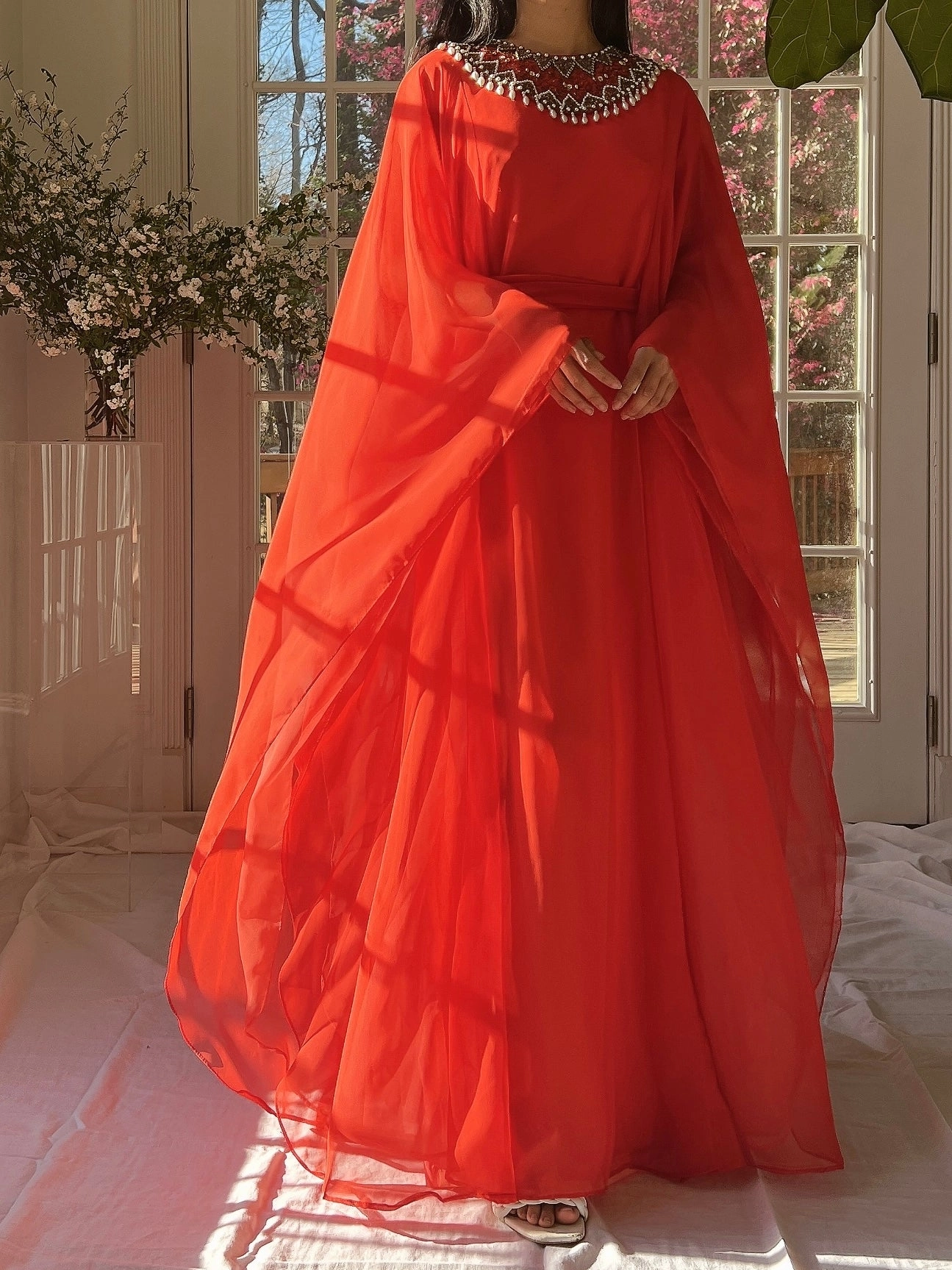 1960s Coral Red Chiffon Kaftan Dress - L