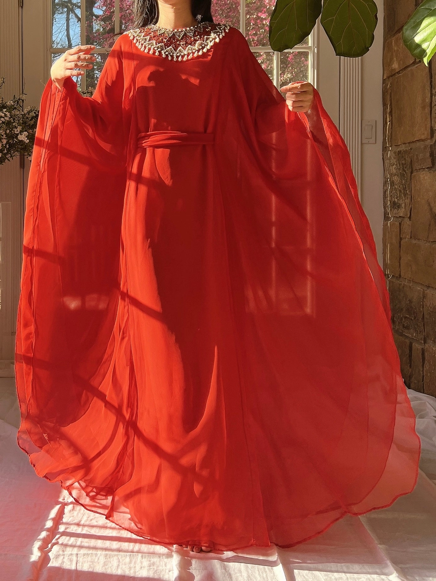 1960s Coral Red Chiffon Kaftan Dress - L
