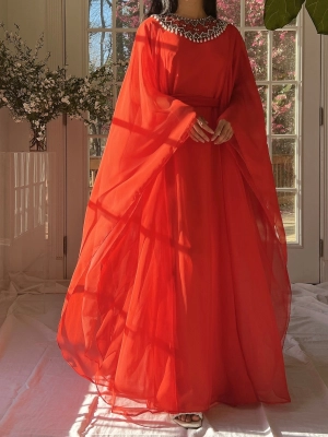1960s Coral Red Chiffon Kaftan Dress - L