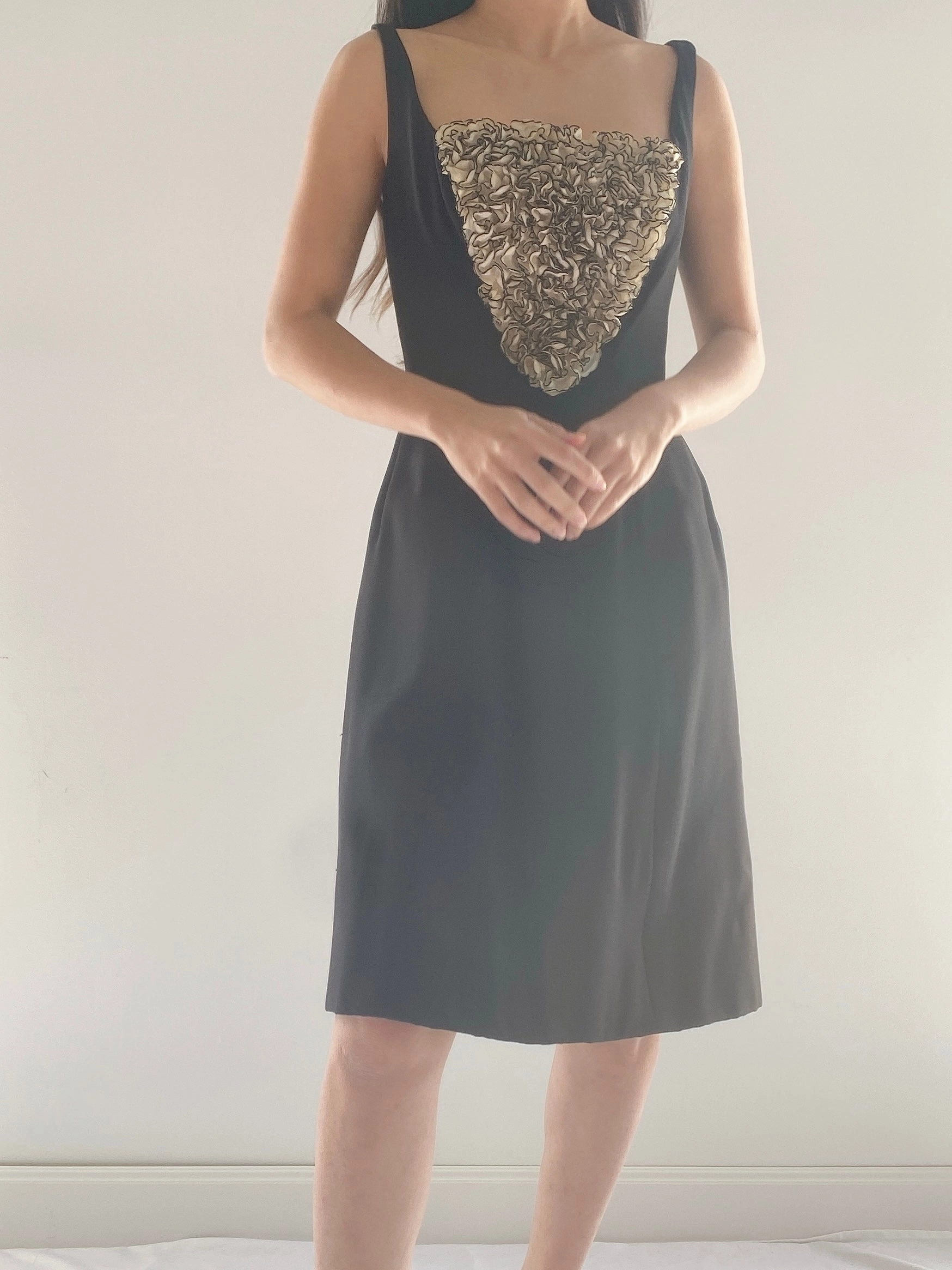 1960s Crepe and Silk Organza Ruffle Dress - XS/S