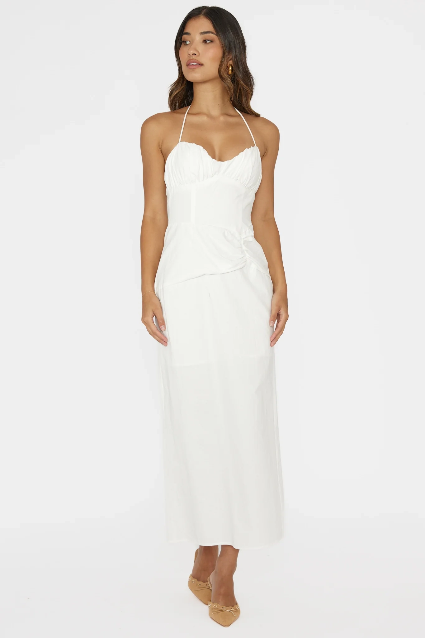 Arielle Gathered Bust Halterneck Midi Dress White