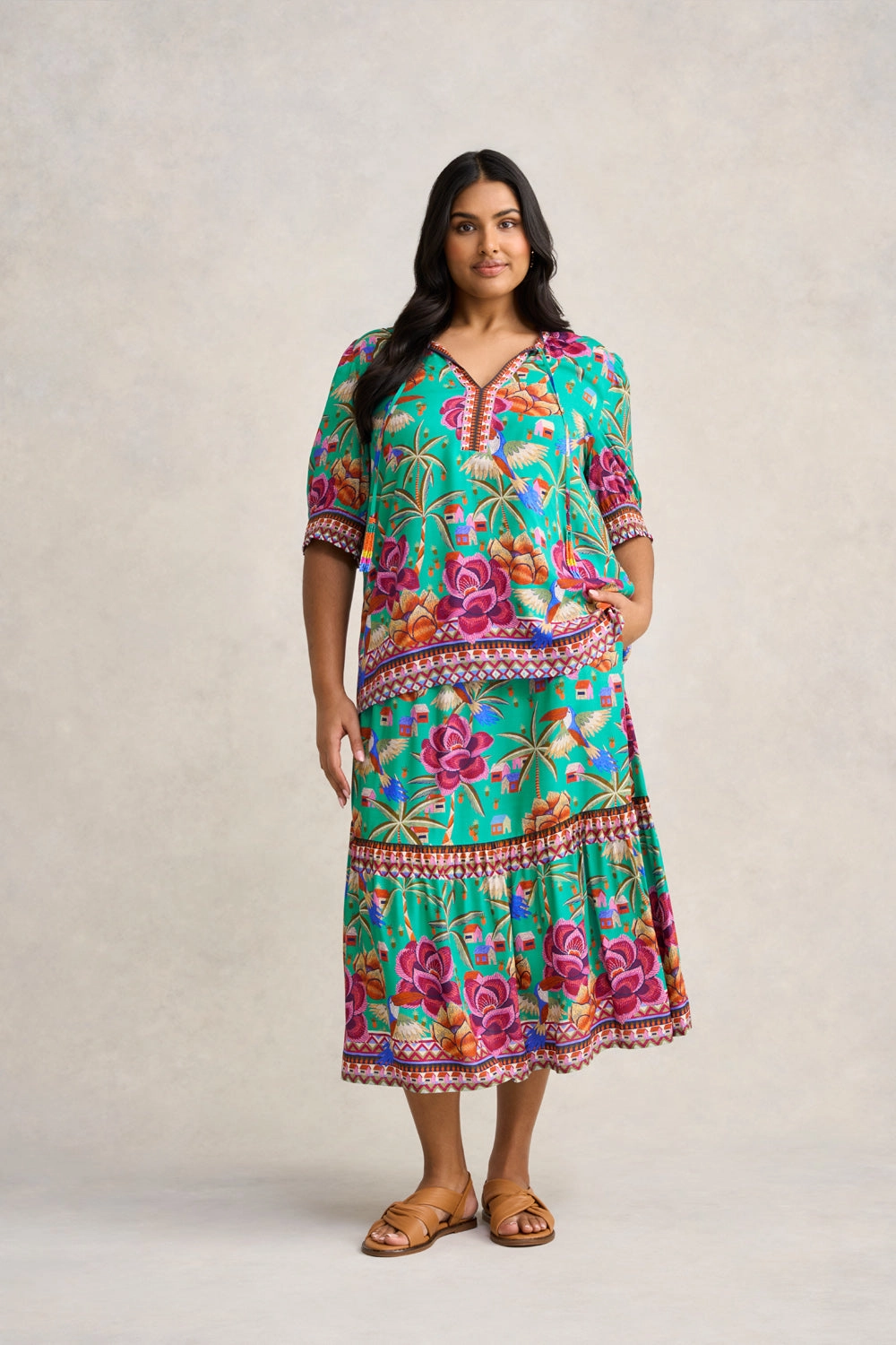 Beaded Tassel Top - Toucan Print