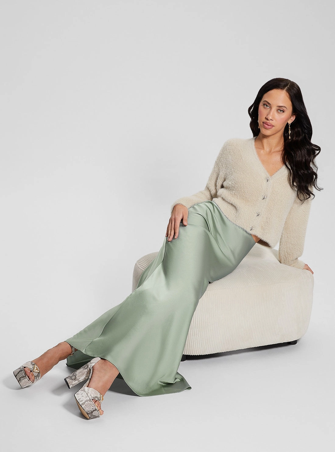 Beige Bow Button Knit Cardigan