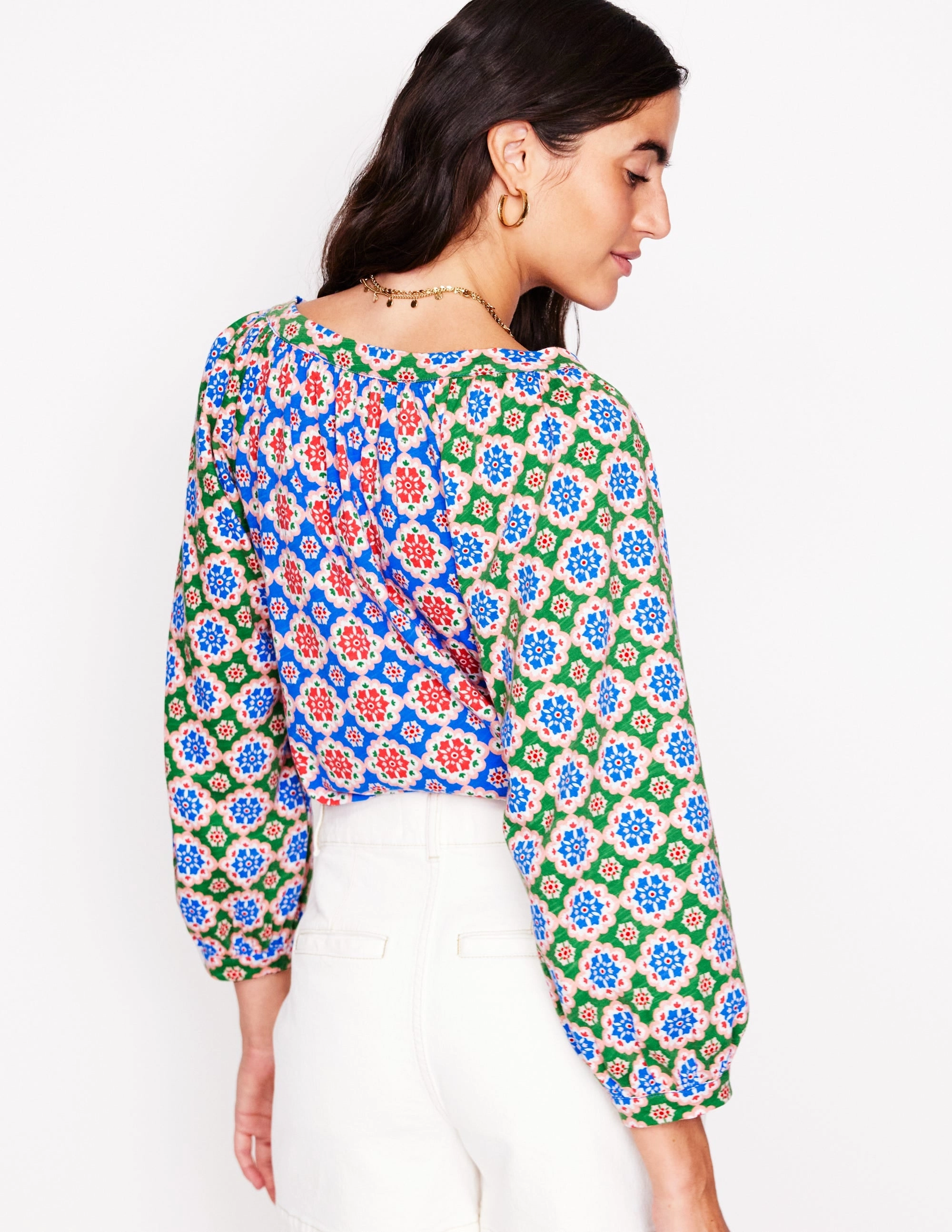 Blouson Sleeve Raglan Top-Bloom Geo