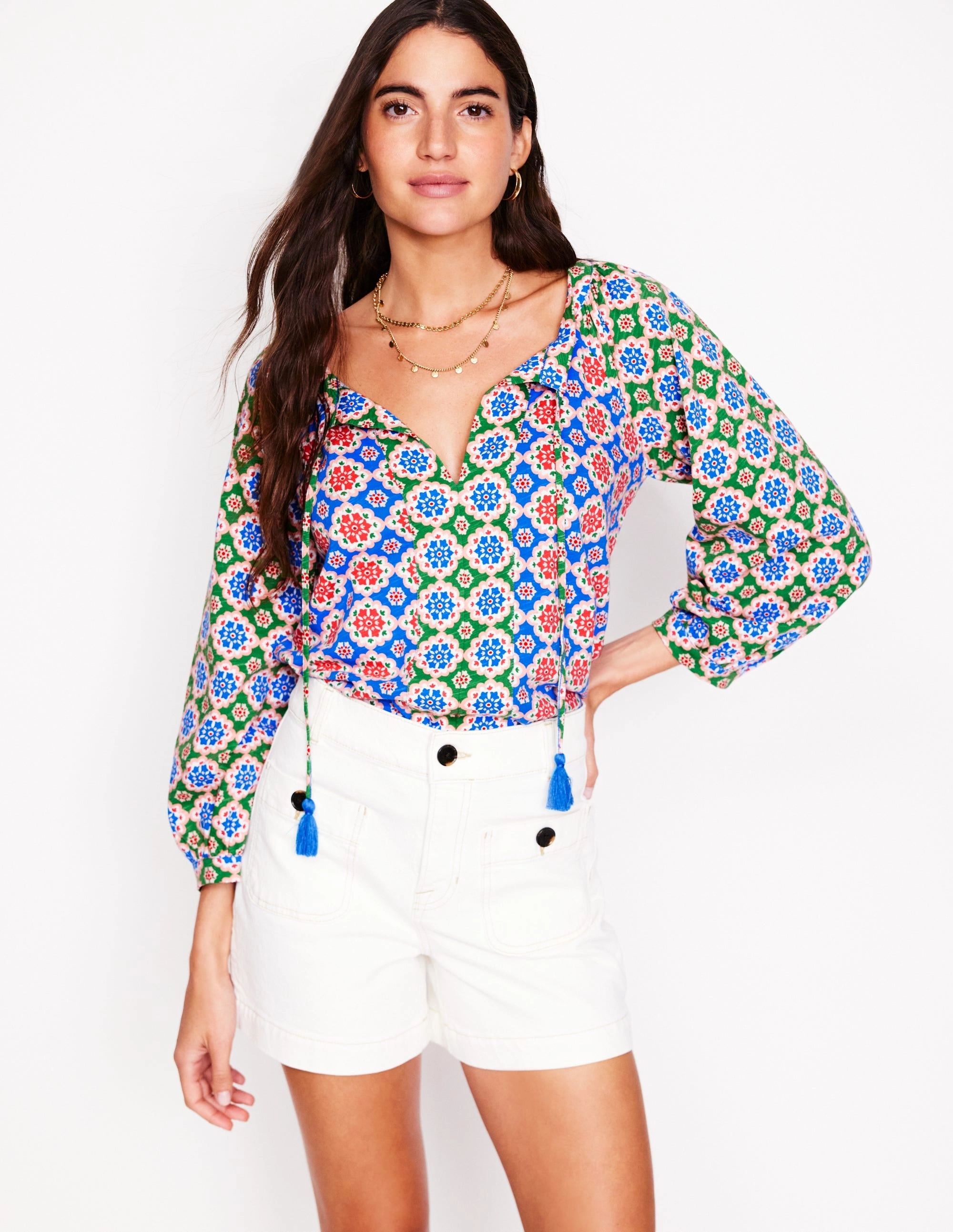 Blouson Sleeve Raglan Top-Bloom Geo
