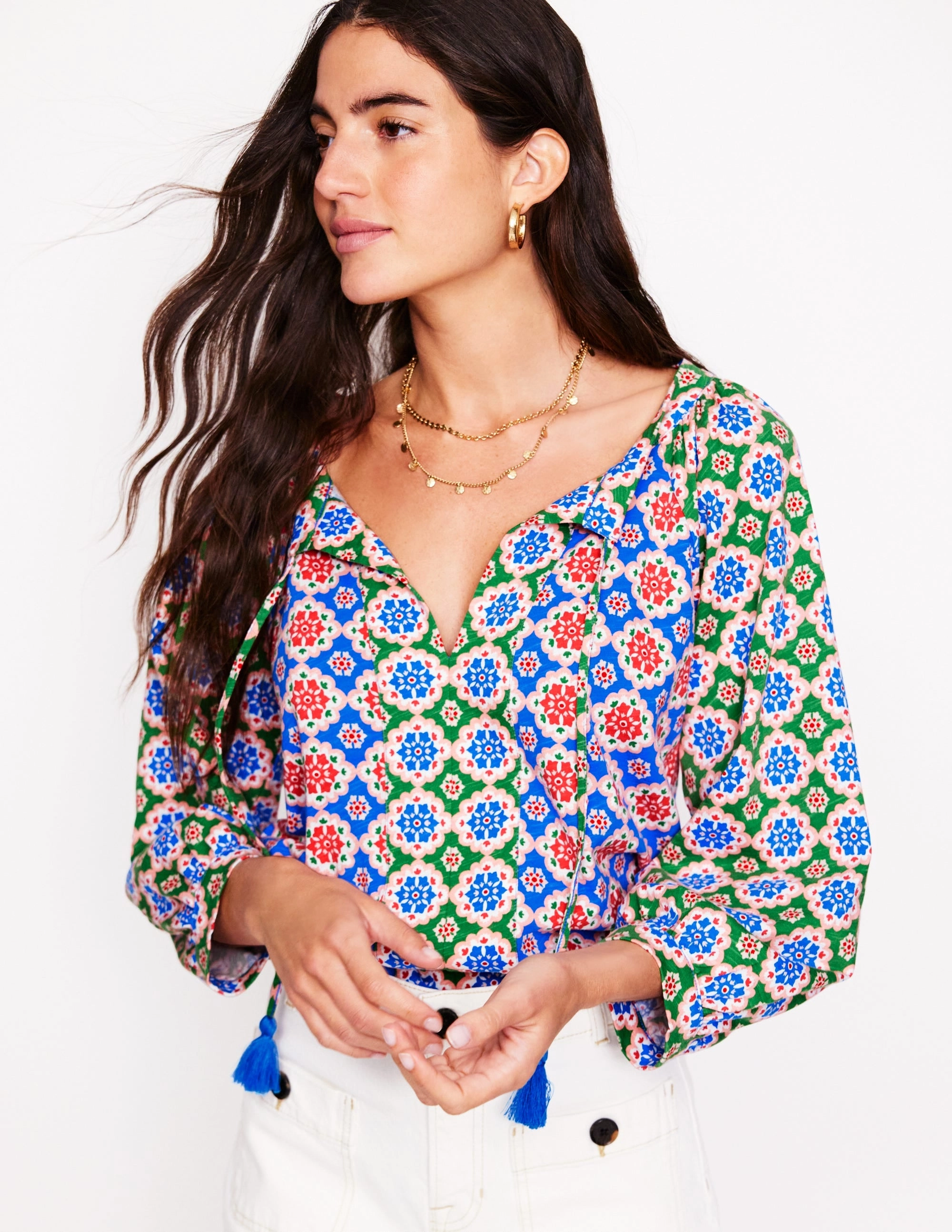 Blouson Sleeve Raglan Top-Bloom Geo