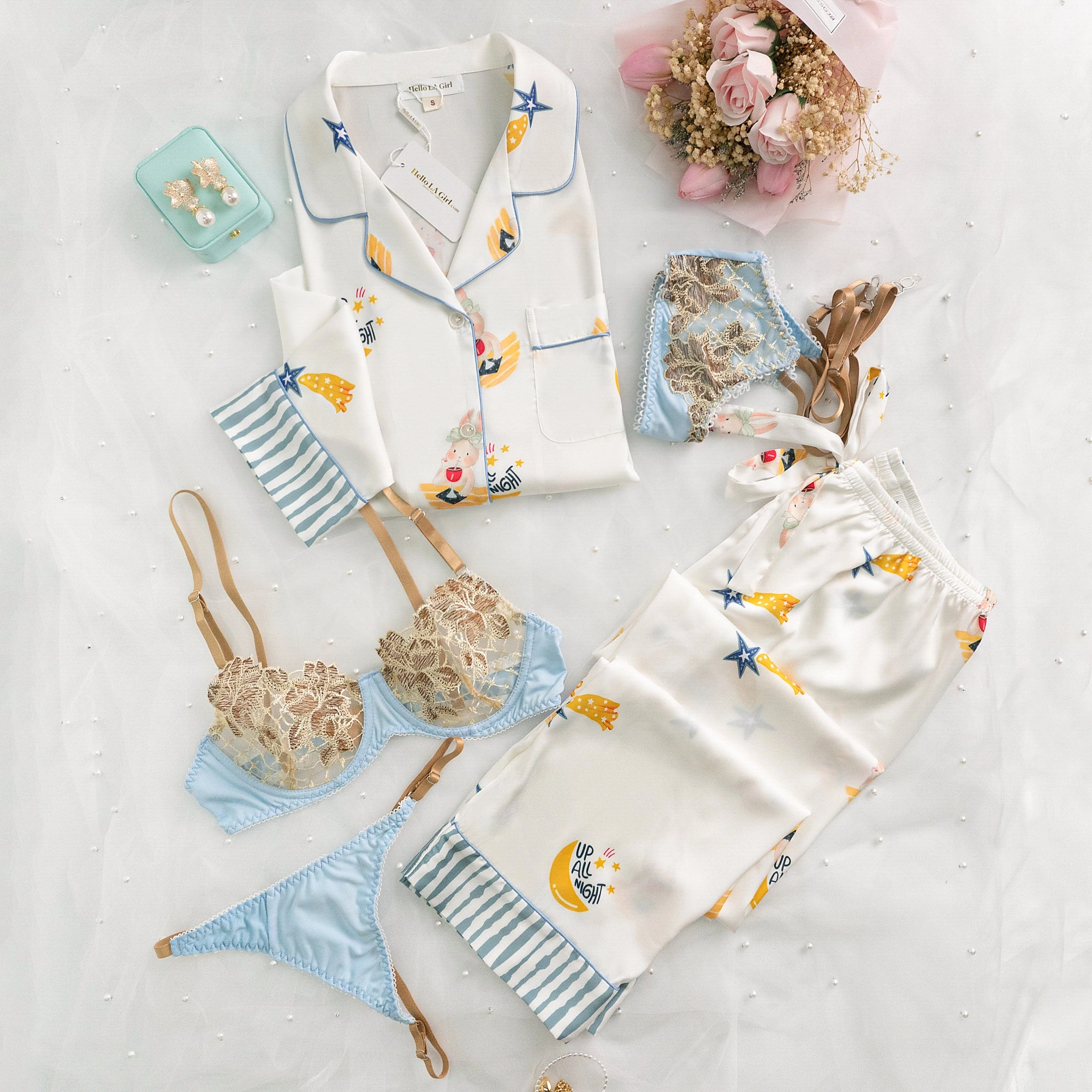 Blue Stripe Cartoon Print Silky Satin Pajamas Set