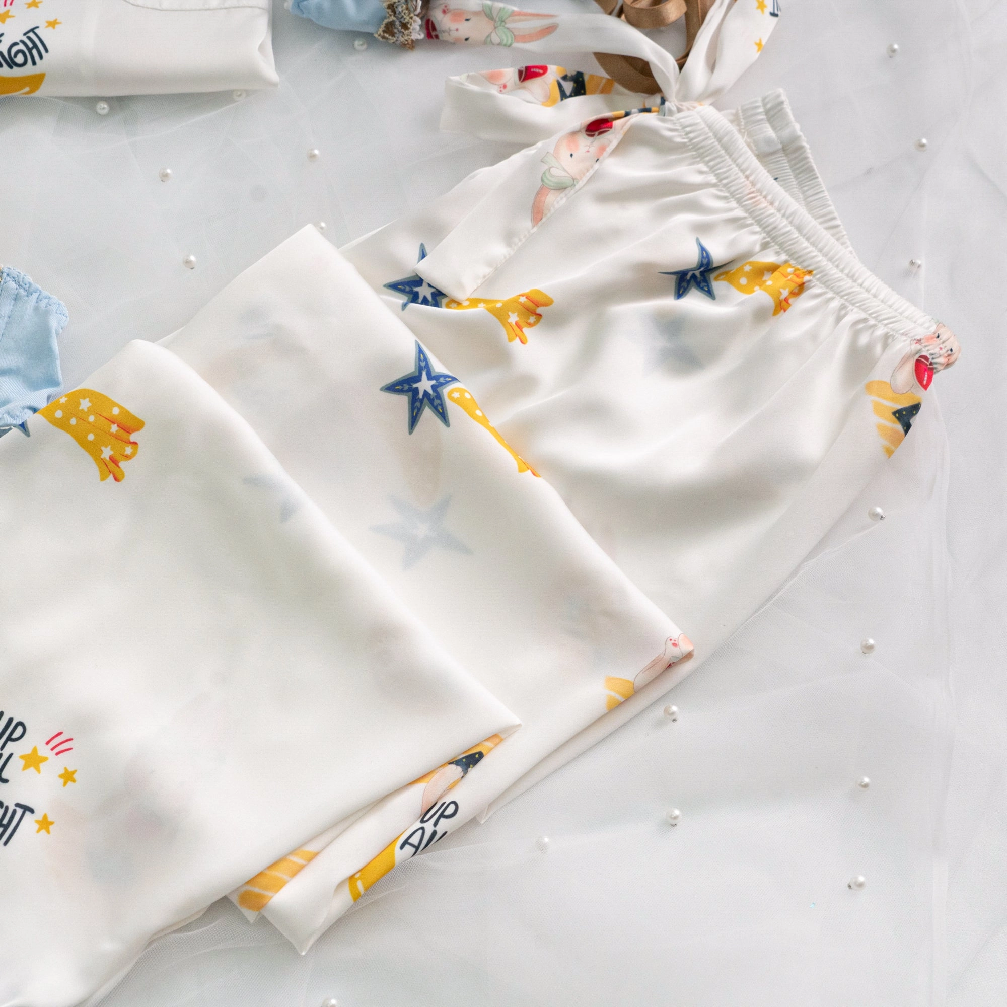 Blue Stripe Cartoon Print Silky Satin Pajamas Set