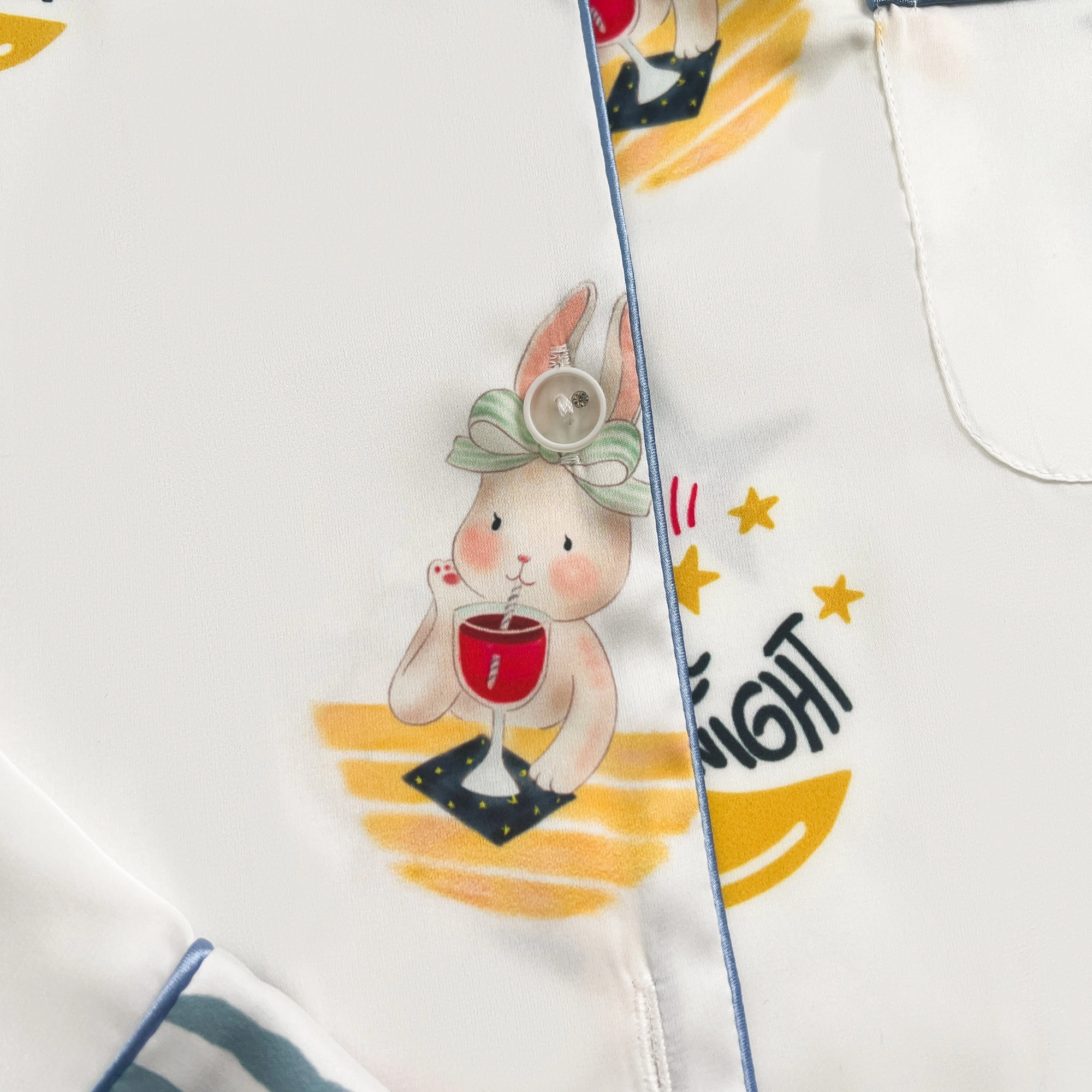 Blue Stripe Cartoon Print Silky Satin Pajamas Set