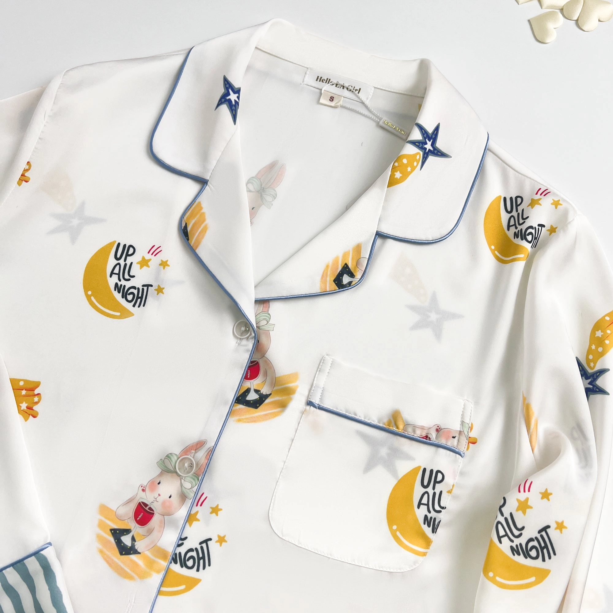 Blue Stripe Cartoon Print Silky Satin Pajamas Set