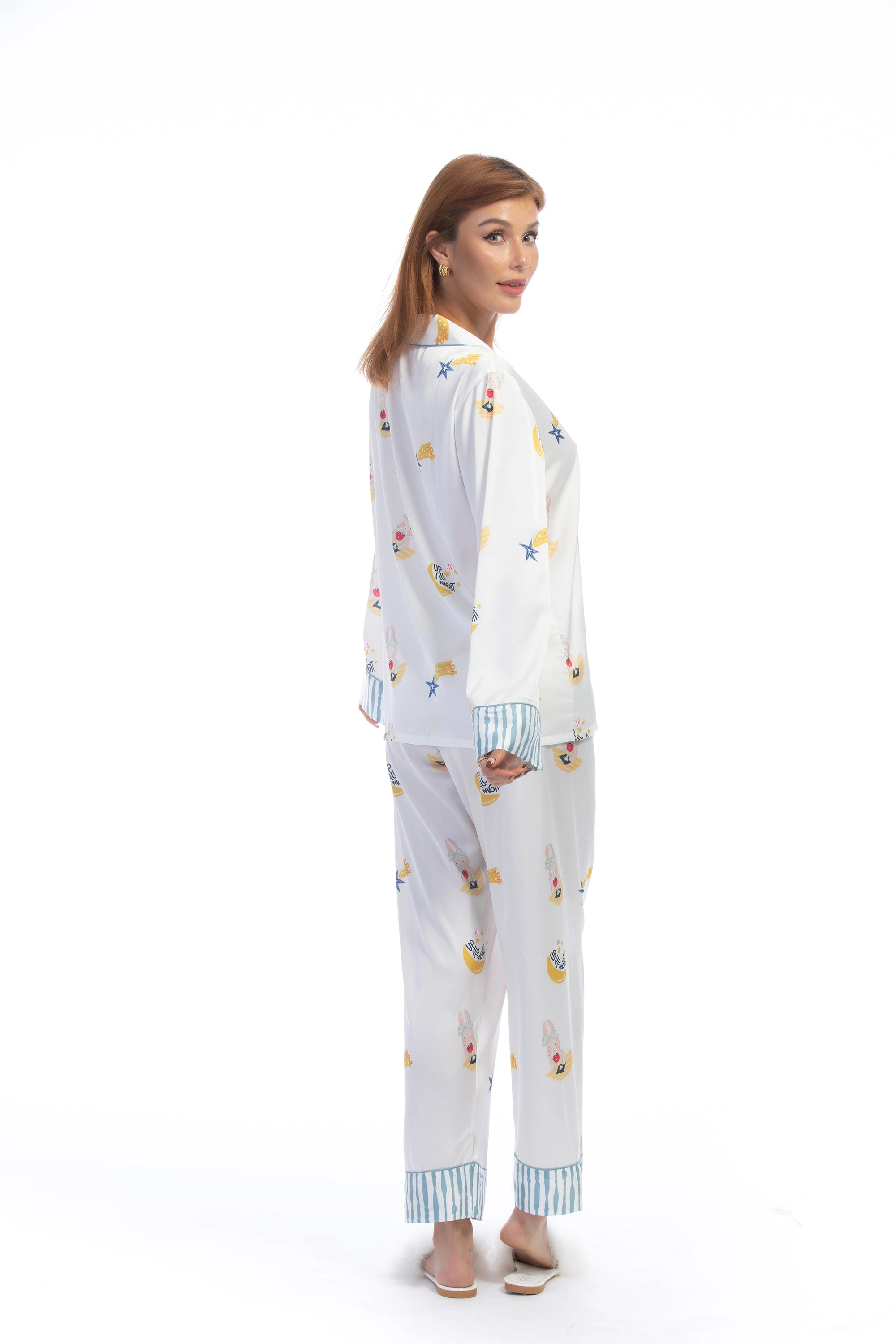 Blue Stripe Cartoon Print Silky Satin Pajamas Set