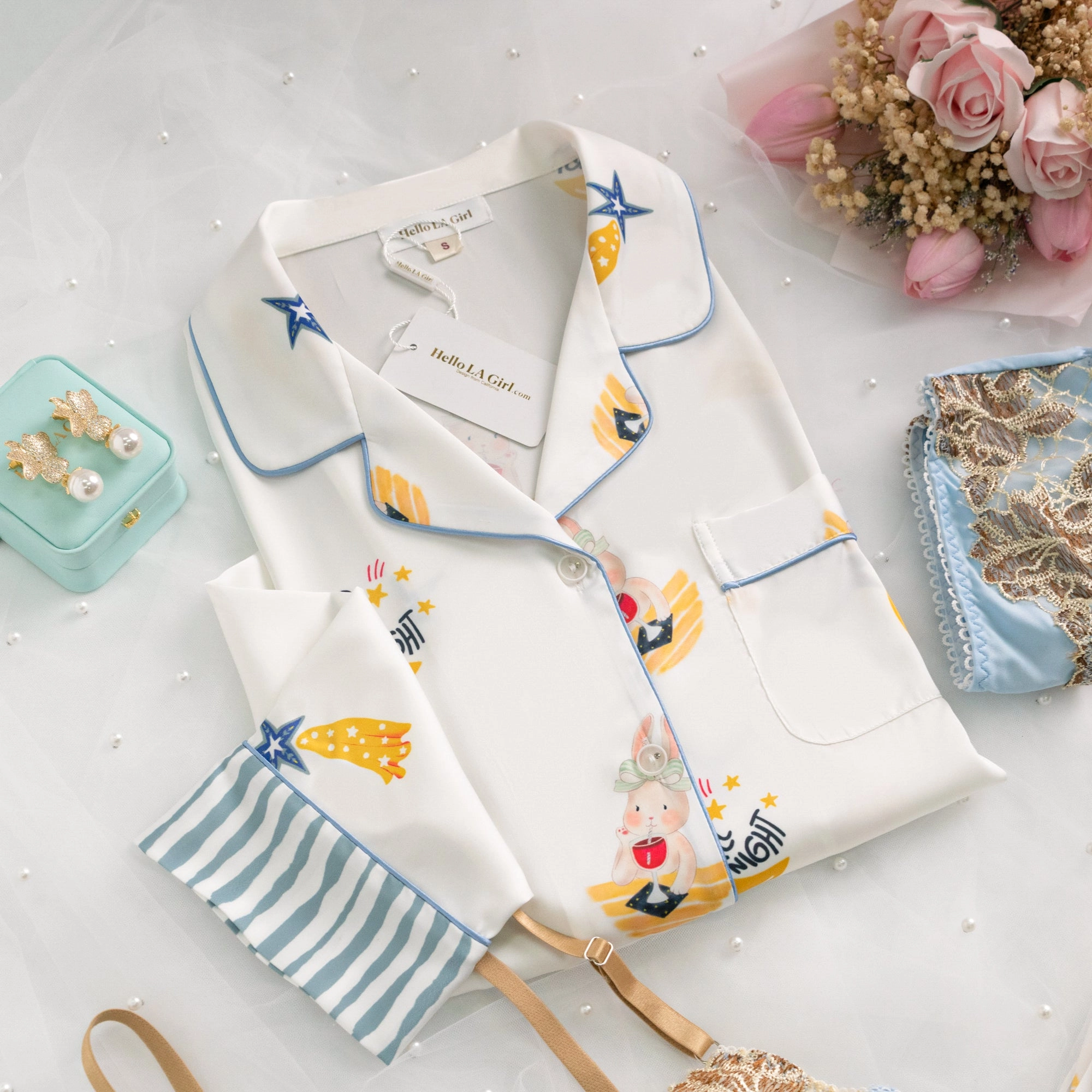 Blue Stripe Cartoon Print Silky Satin Pajamas Set