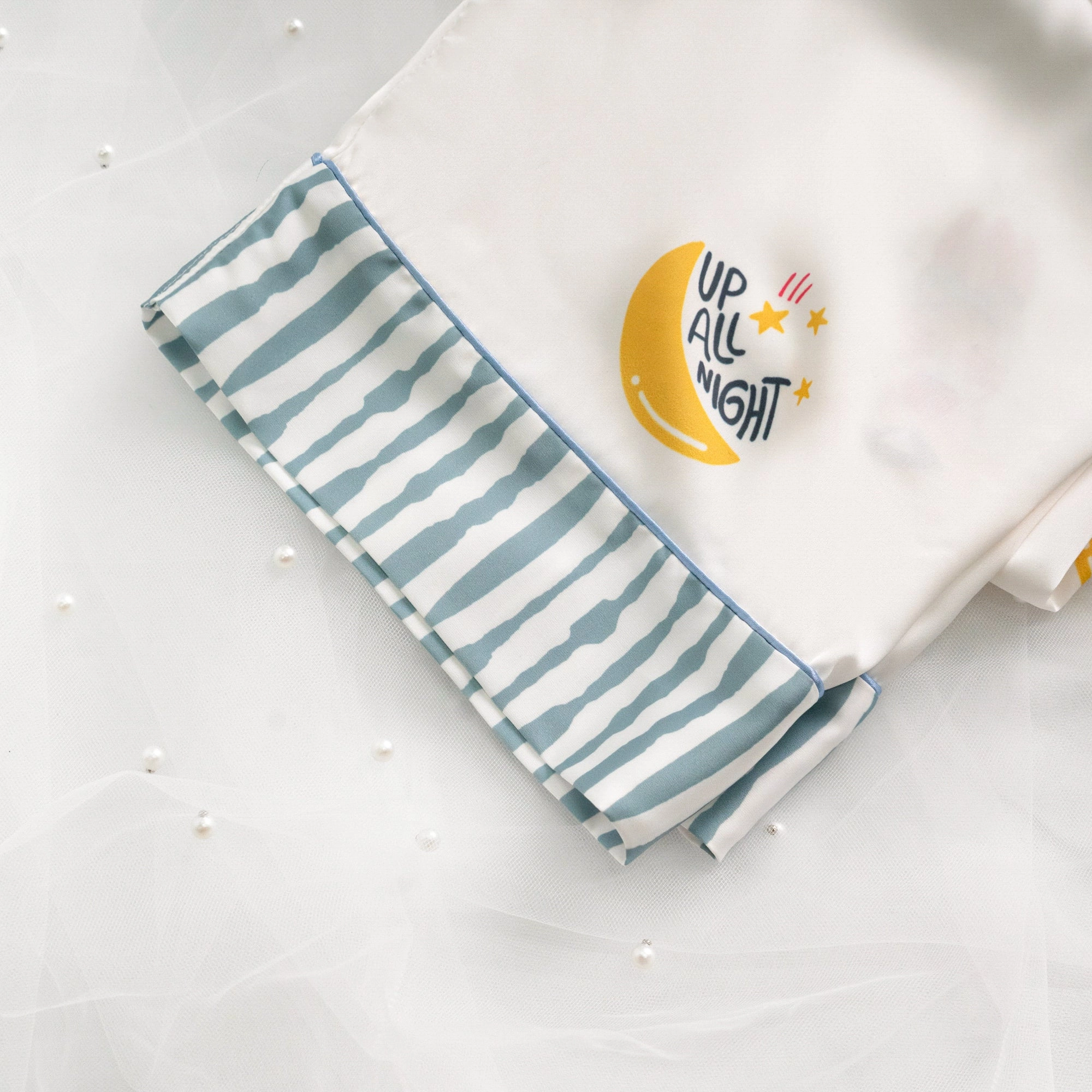 Blue Stripe Cartoon Print Silky Satin Pajamas Set