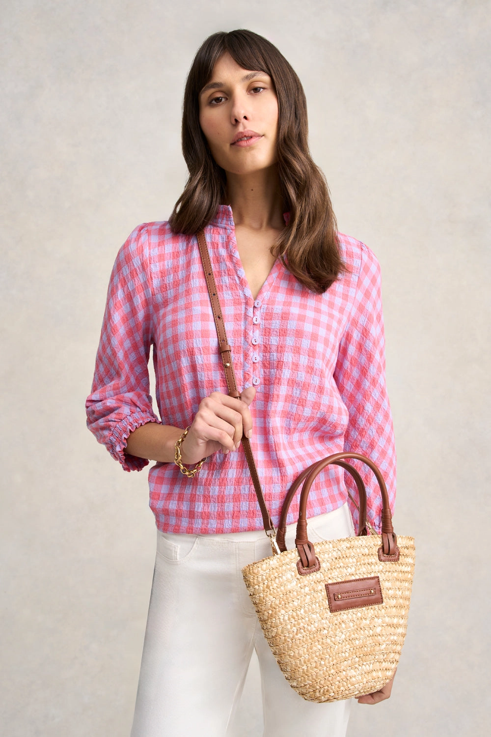 Cotton Gingham Blouse - Lilac & Coral Gingham