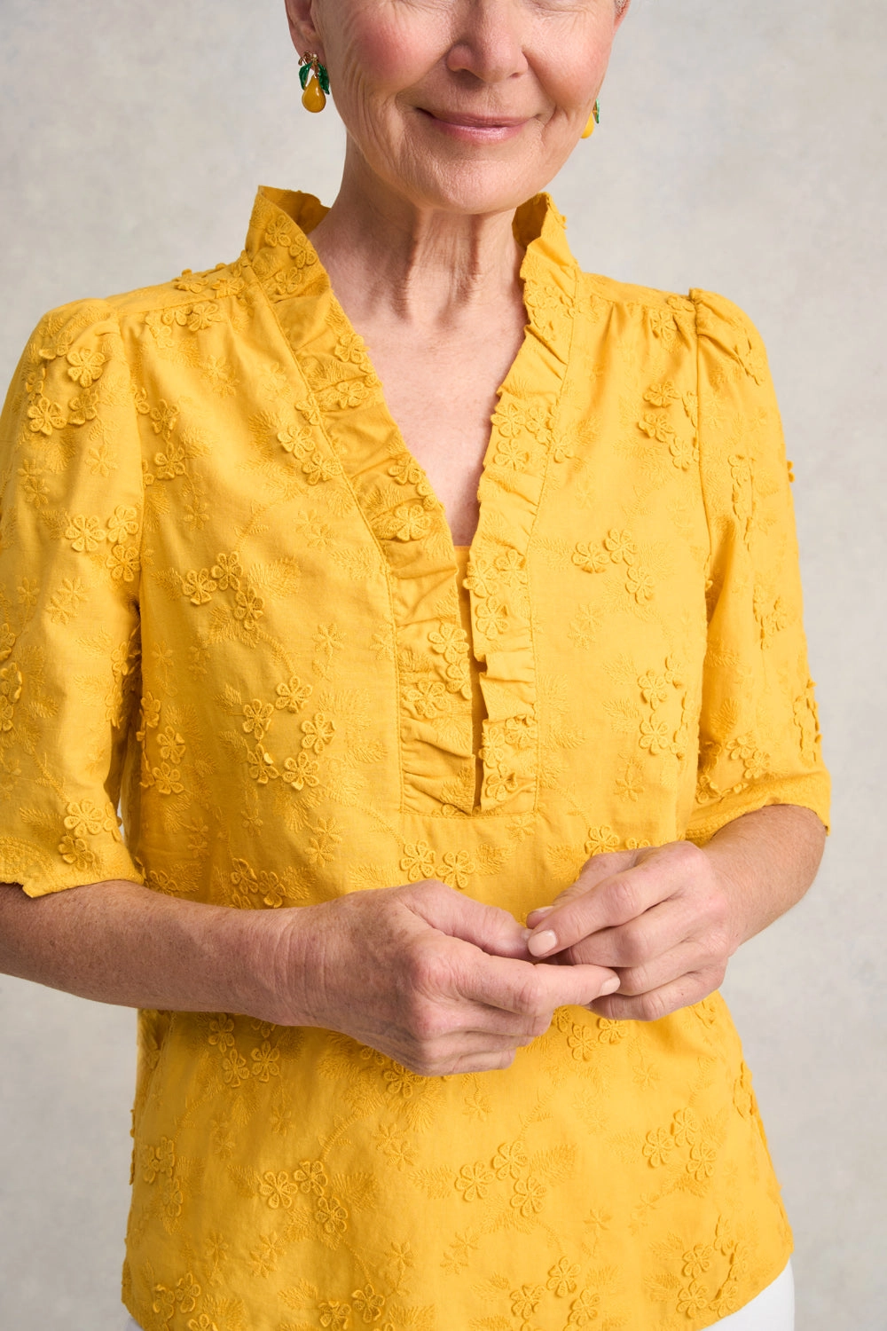 Embroidered Frill Detail Top - Mustard