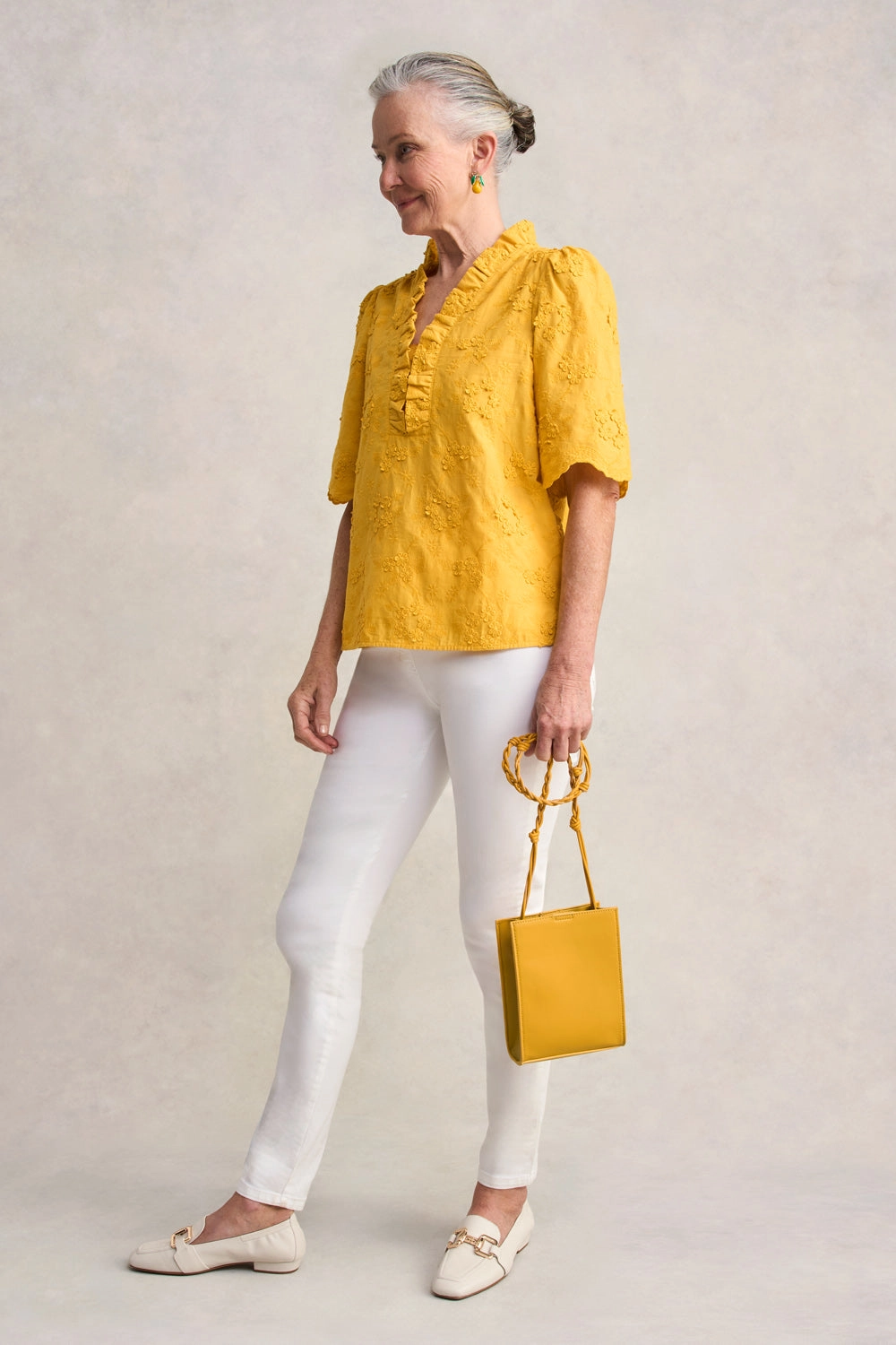 Embroidered Frill Detail Top - Mustard