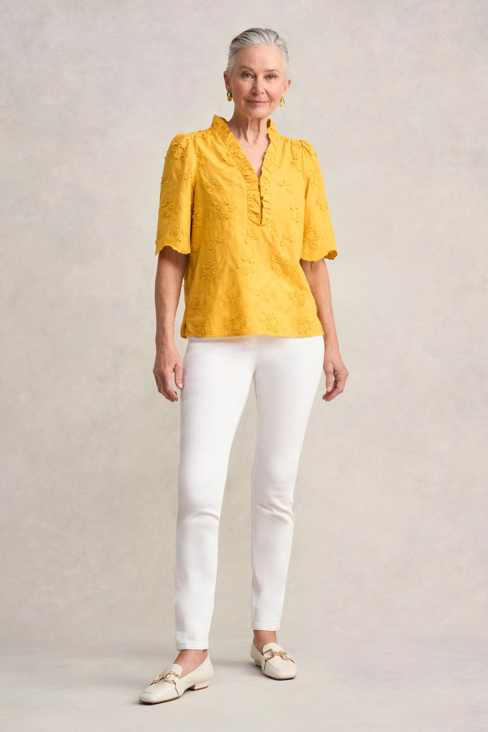Embroidered Frill Detail Top - Mustard