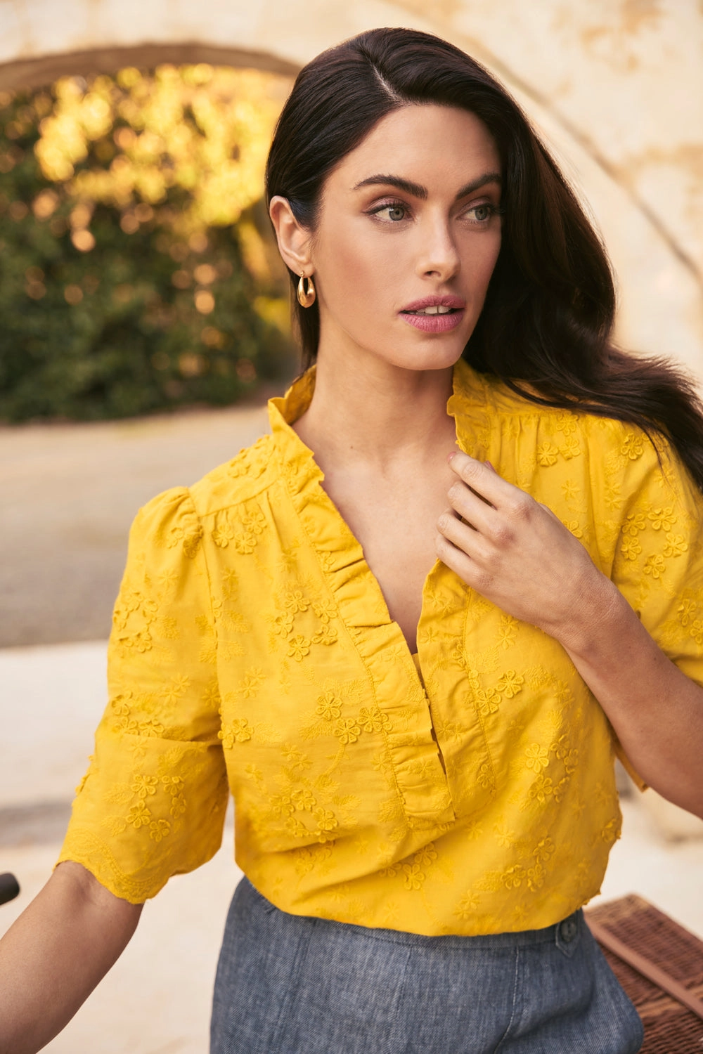 Embroidered Frill Detail Top - Mustard