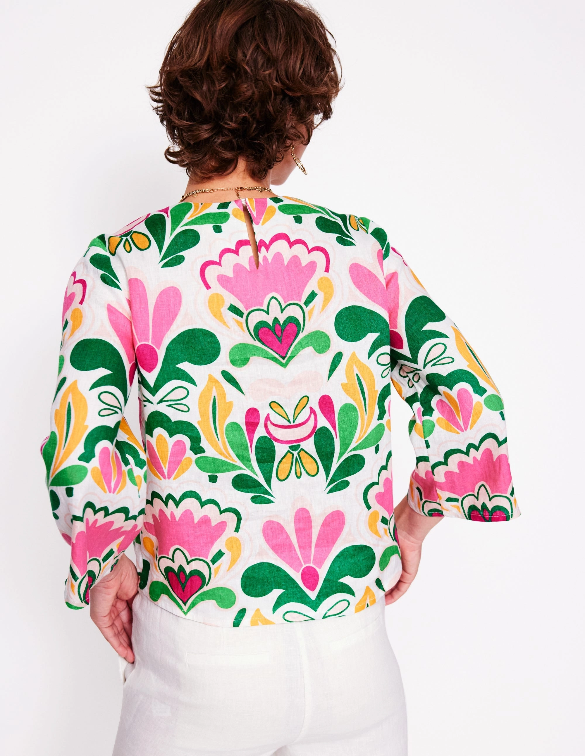 Fluted Sleeve Linen Top-Multi. Freesia Stamp