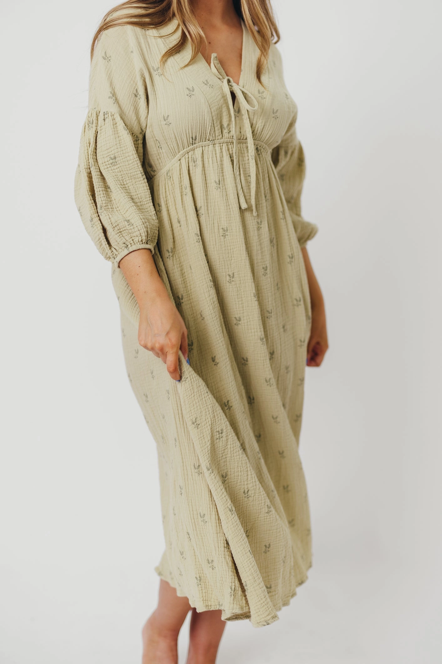 Hunter 100% Cotton Gauze Midi Dress in Thyme/Sage Foliage - Bump Friendly and Inclusive Sizing (Restocking in April)