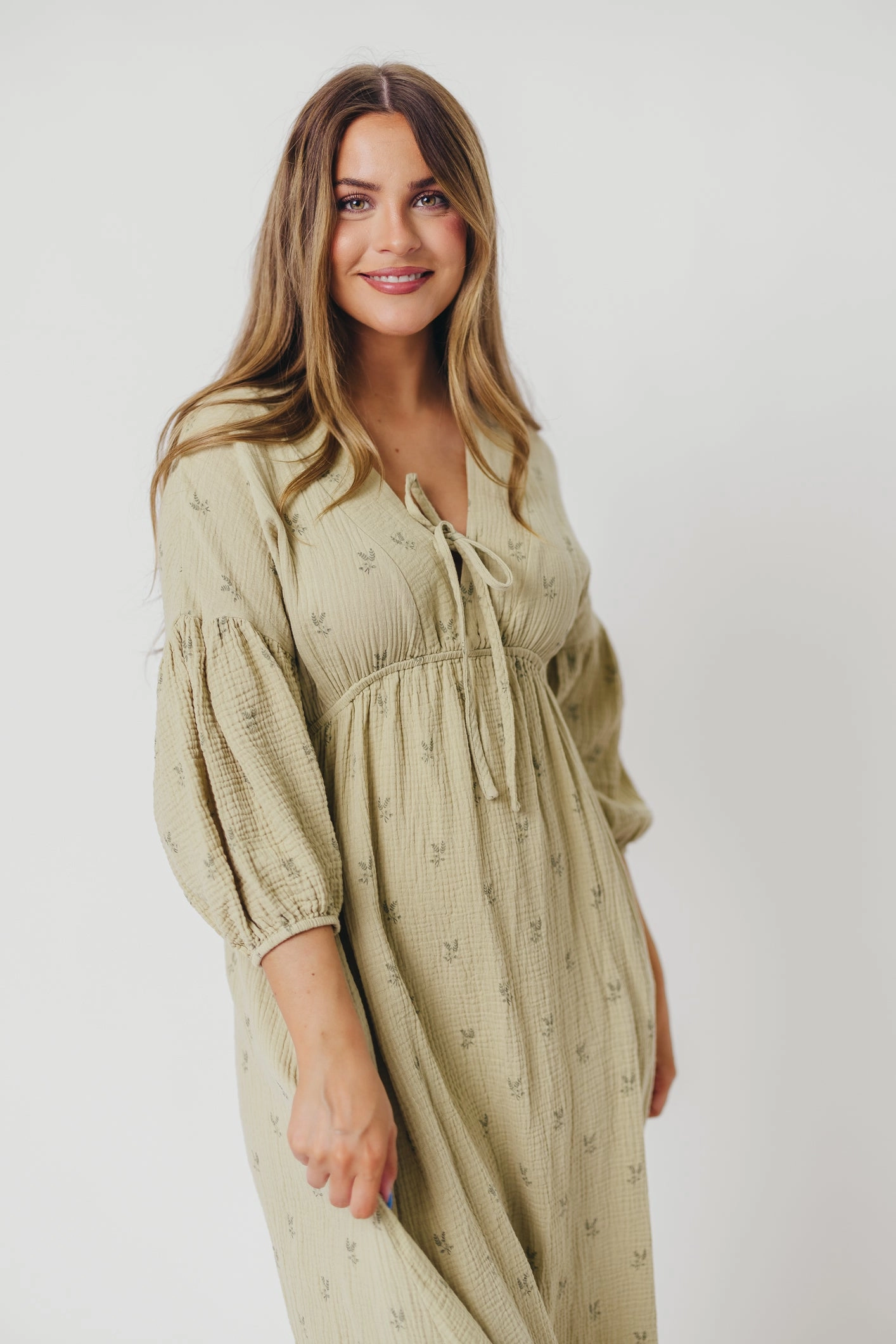 Hunter 100% Cotton Gauze Midi Dress in Thyme/Sage Foliage - Bump Friendly and Inclusive Sizing (Restocking in April)