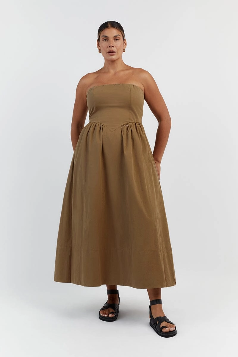 HYLAND COFFEE STRAPLESS MIDI DRESS