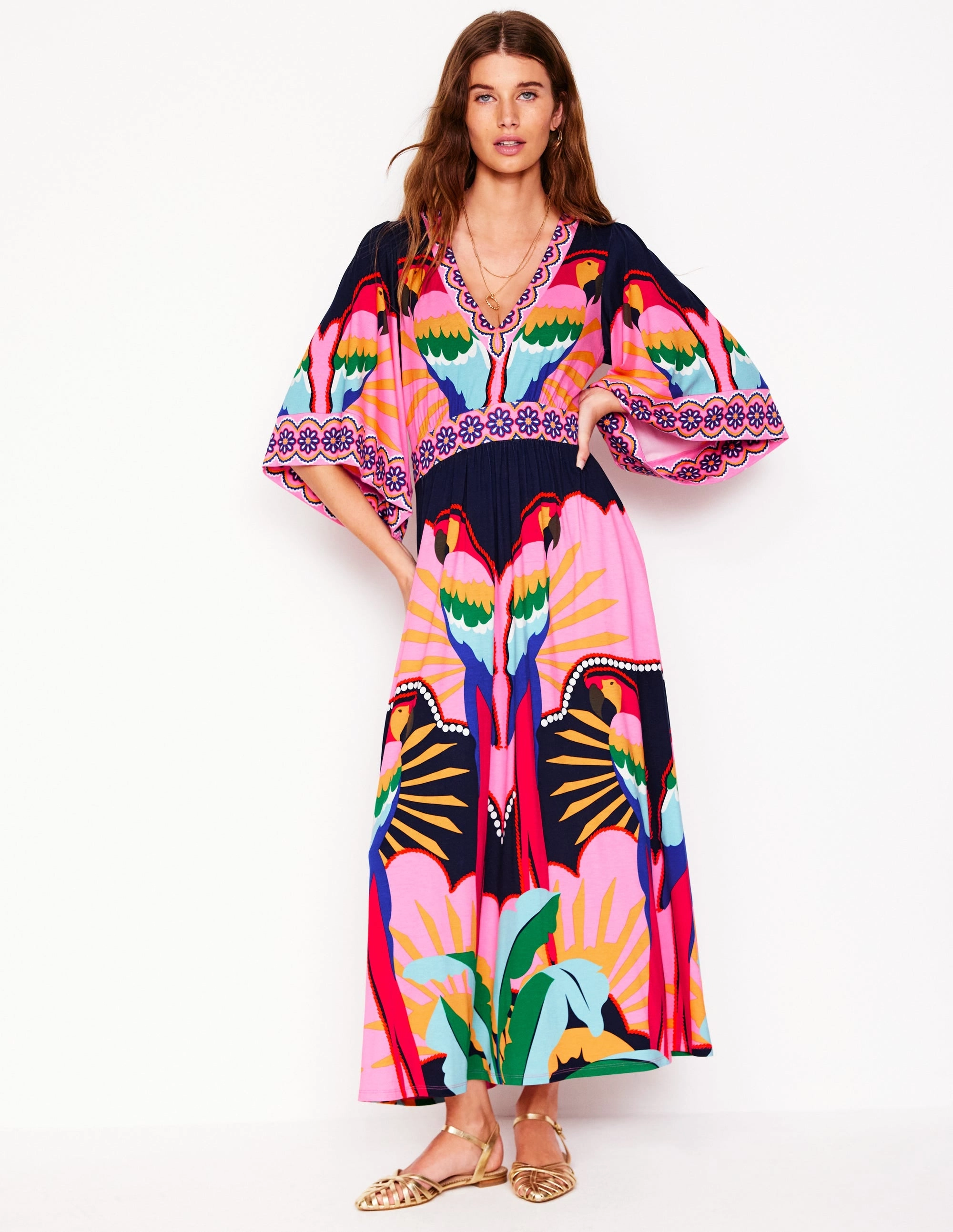 Maya Kimono Jersey Maxi Dress-Multi. Paradise Parrot