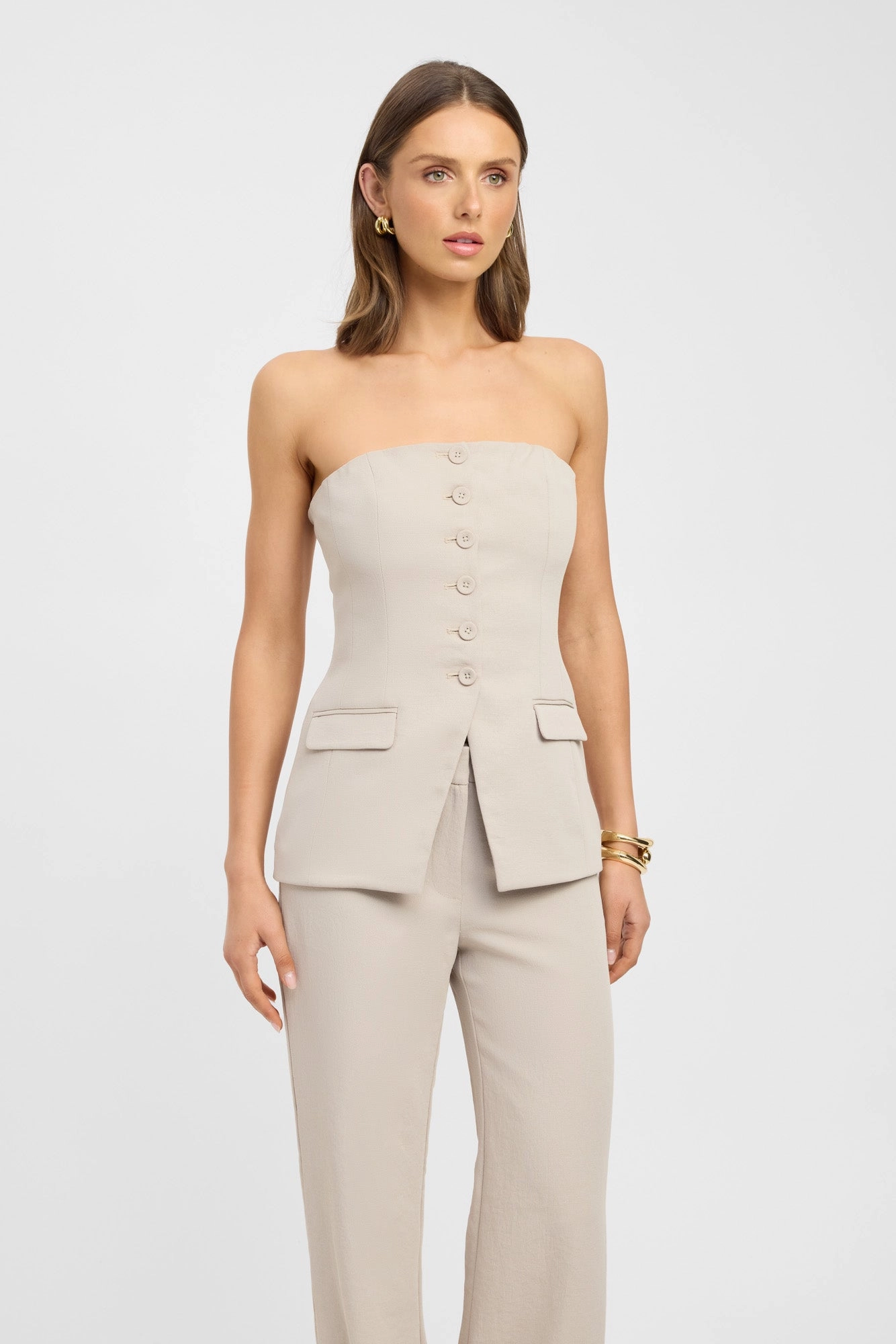 Oyster Strapless Button Top