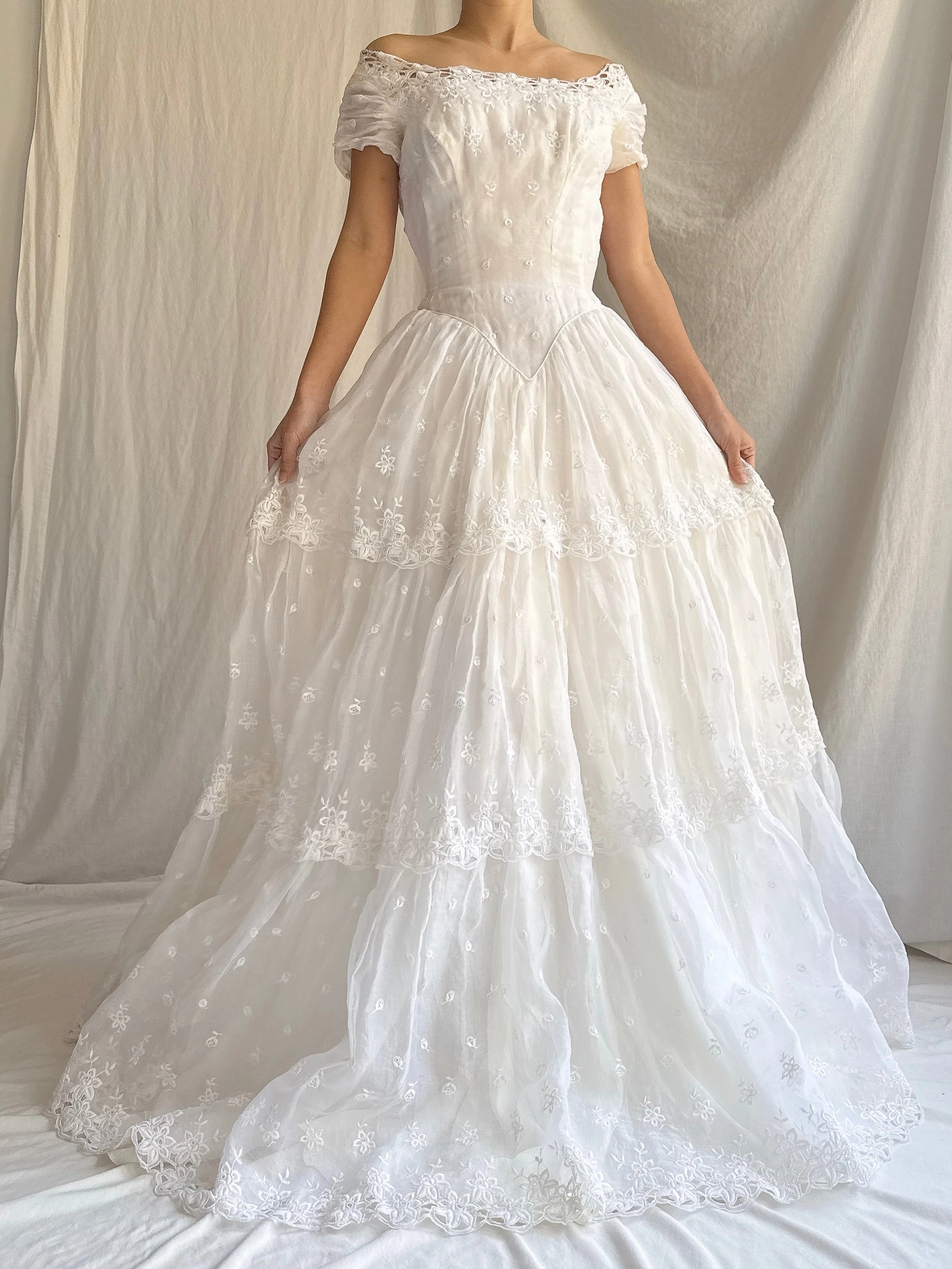 RESERVED for Colette 1950s Organdy Embroidered Gown - XS