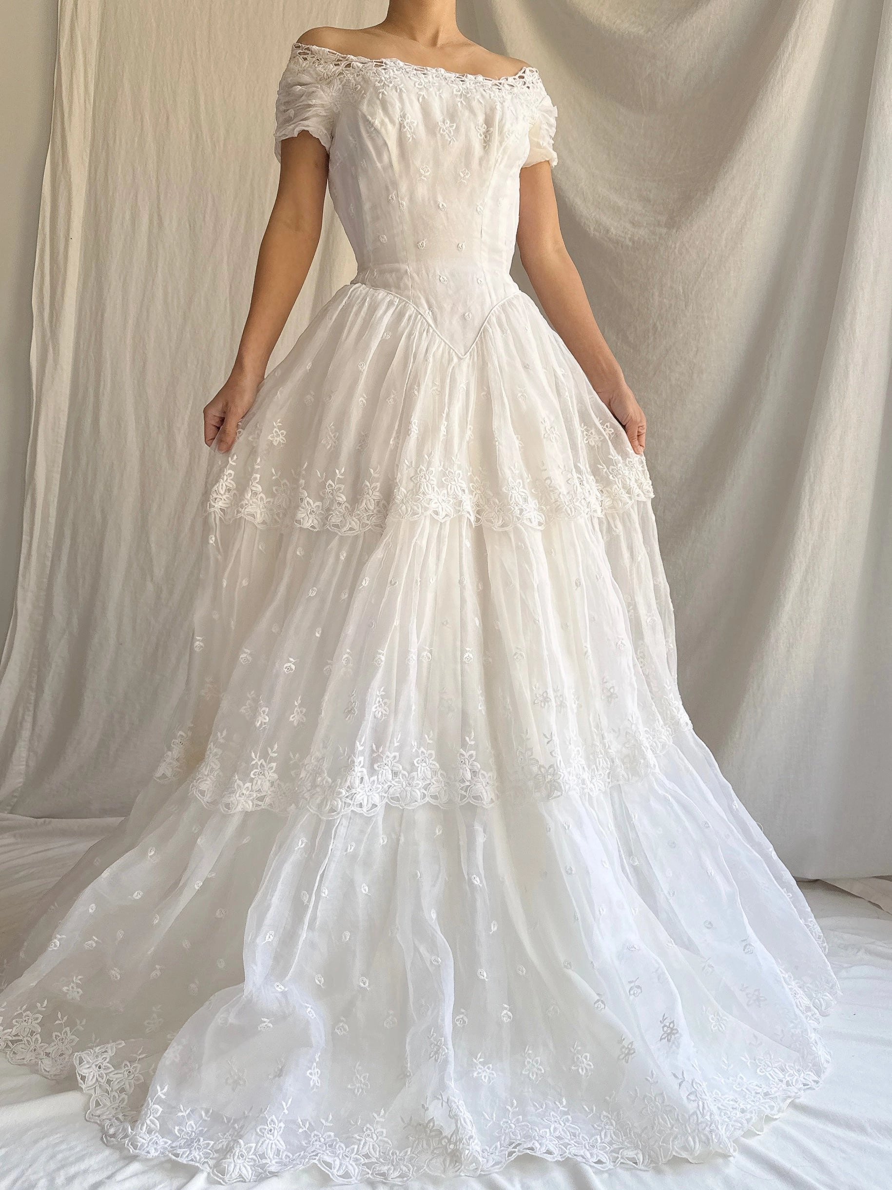 RESERVED for Colette 1950s Organdy Embroidered Gown - XS