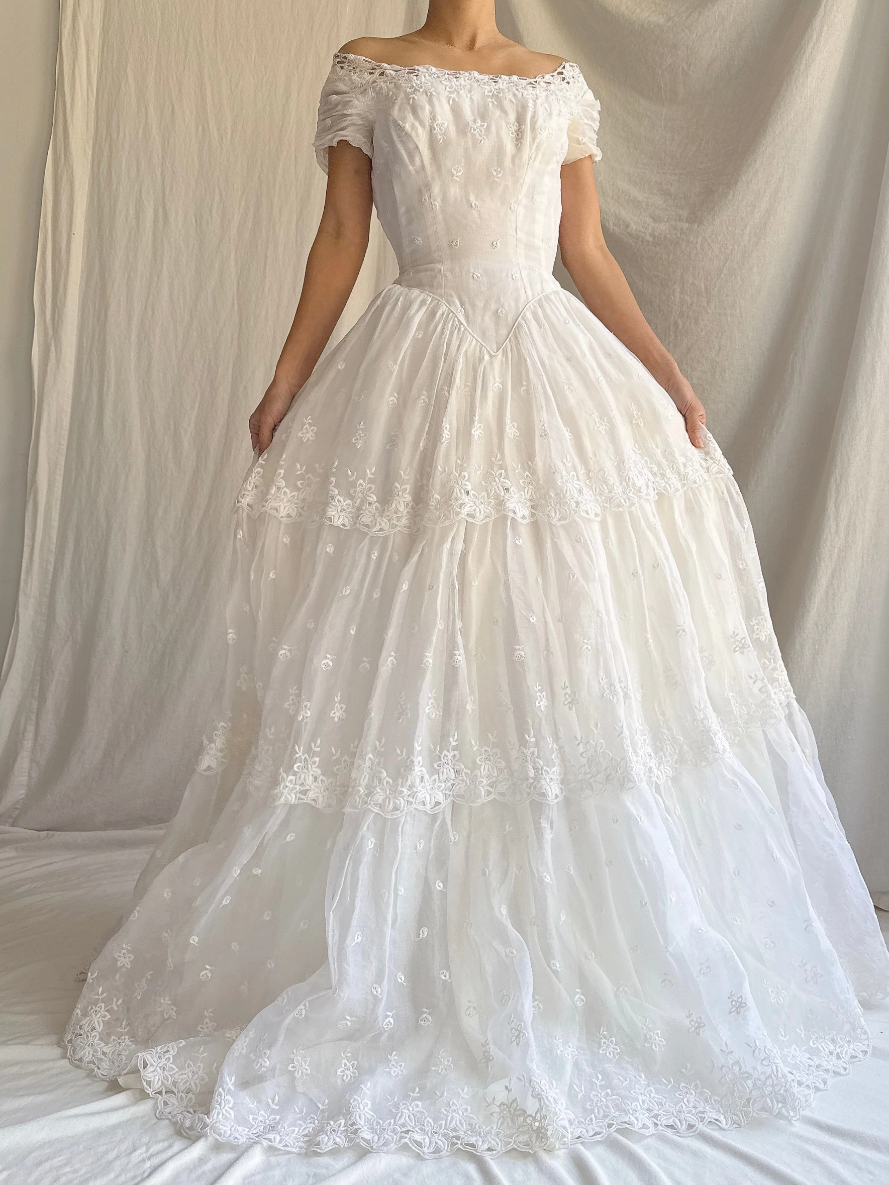 RESERVED for Colette 1950s Organdy Embroidered Gown - XS