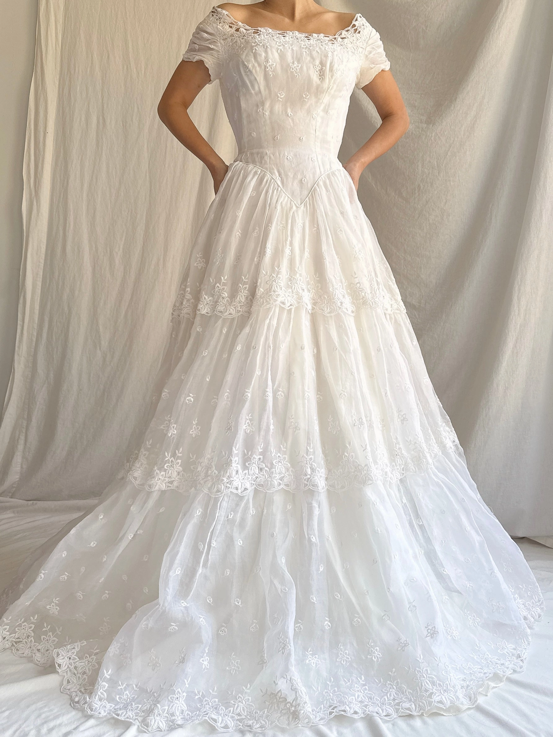 RESERVED for Colette 1950s Organdy Embroidered Gown - XS