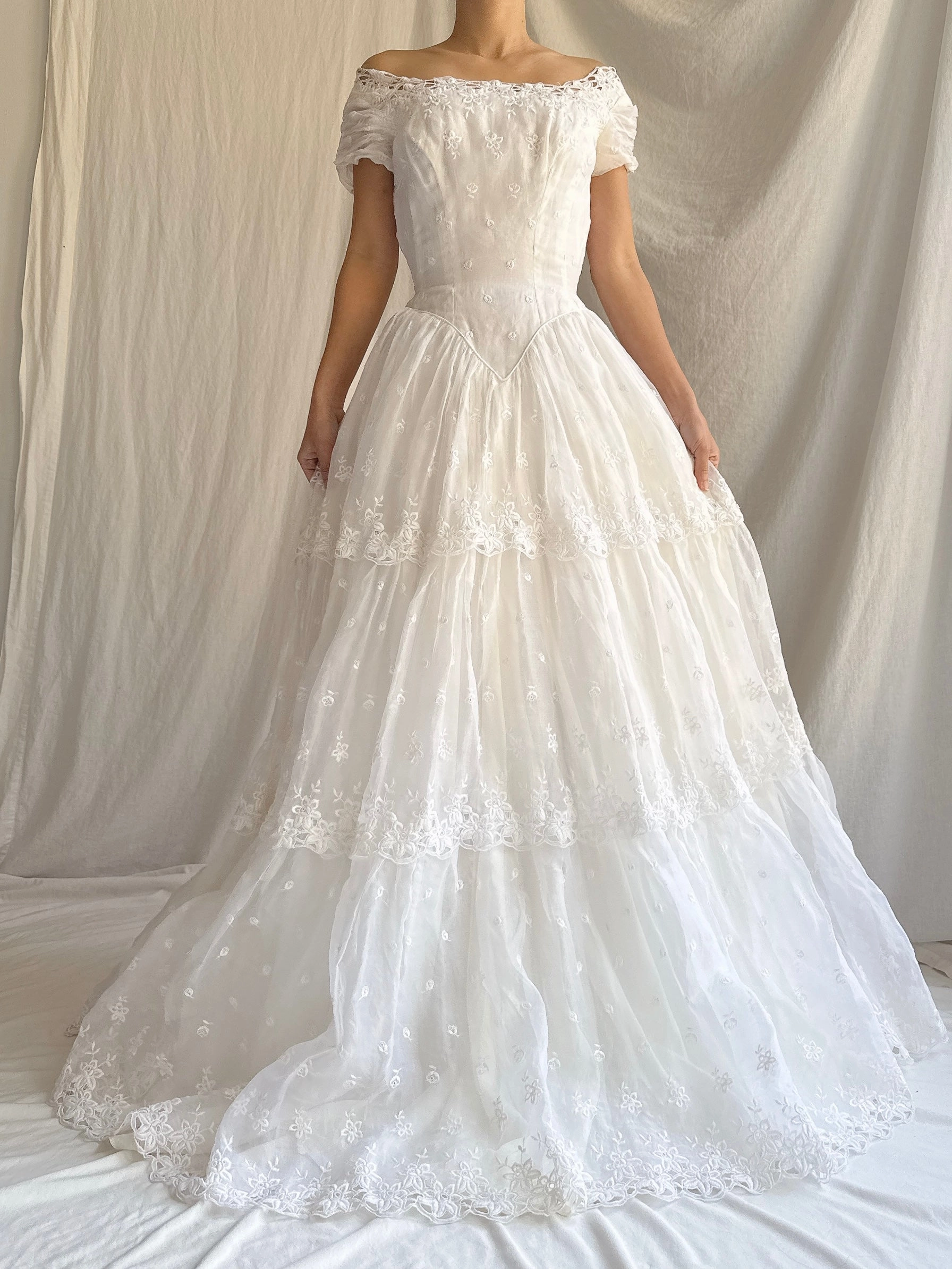 RESERVED for Colette 1950s Organdy Embroidered Gown - XS