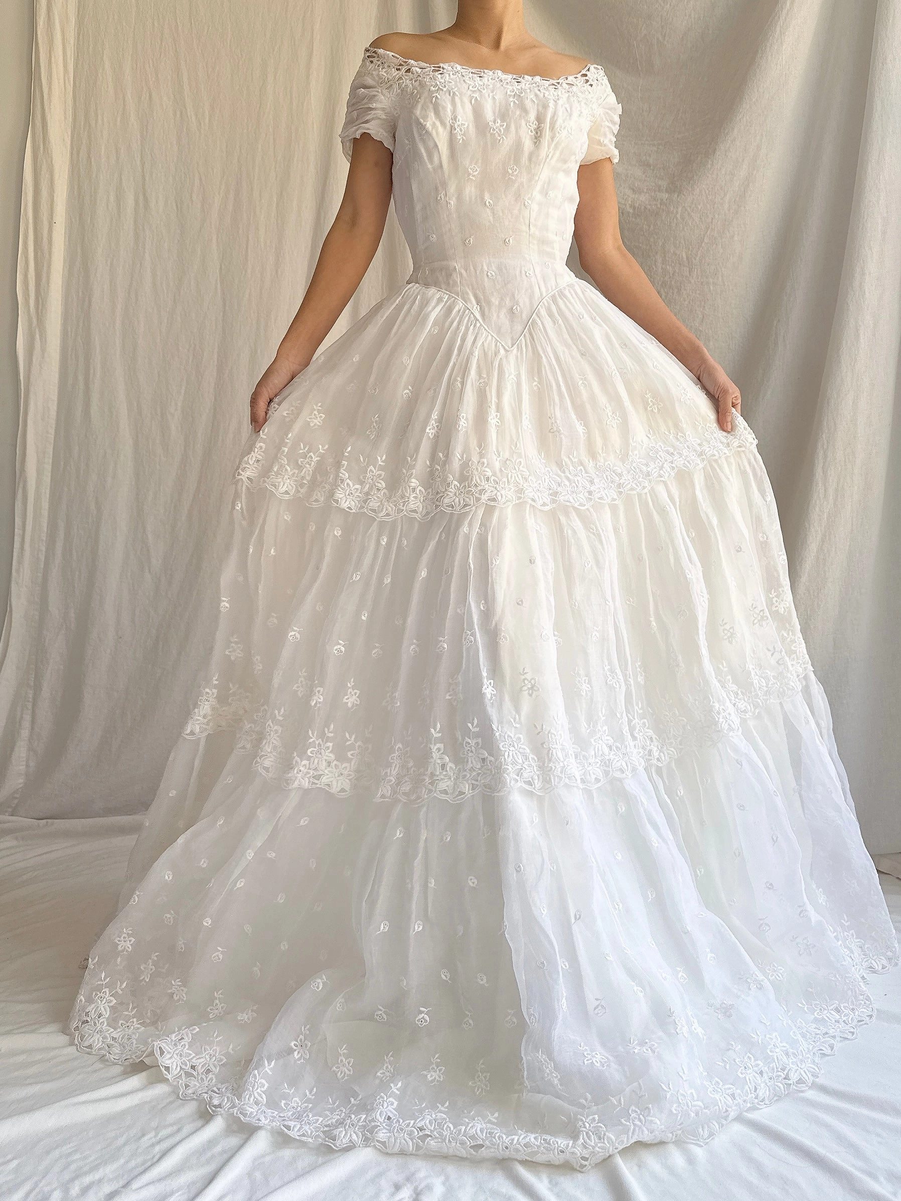 RESERVED for Colette 1950s Organdy Embroidered Gown - XS