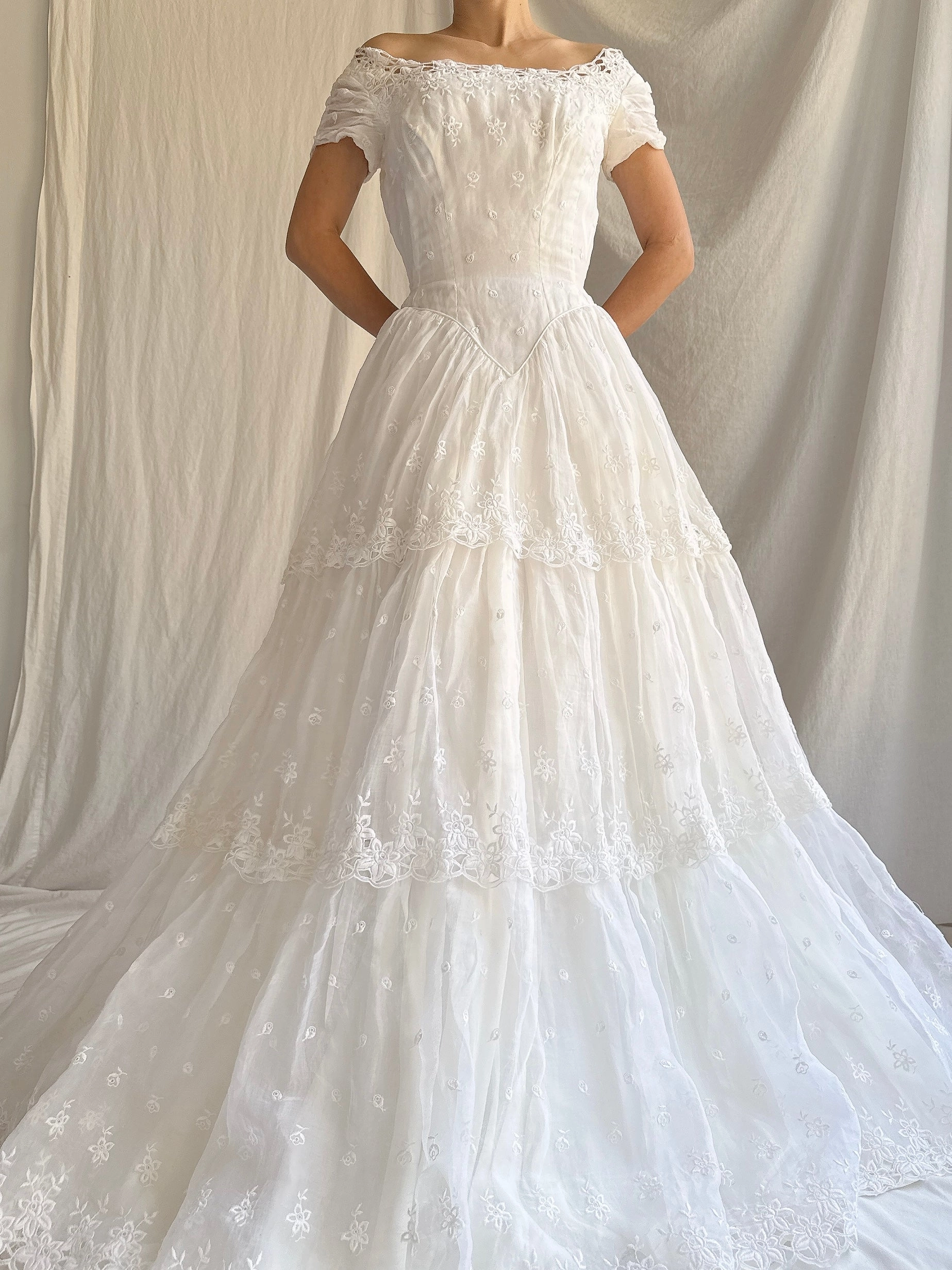 RESERVED for Colette 1950s Organdy Embroidered Gown - XS