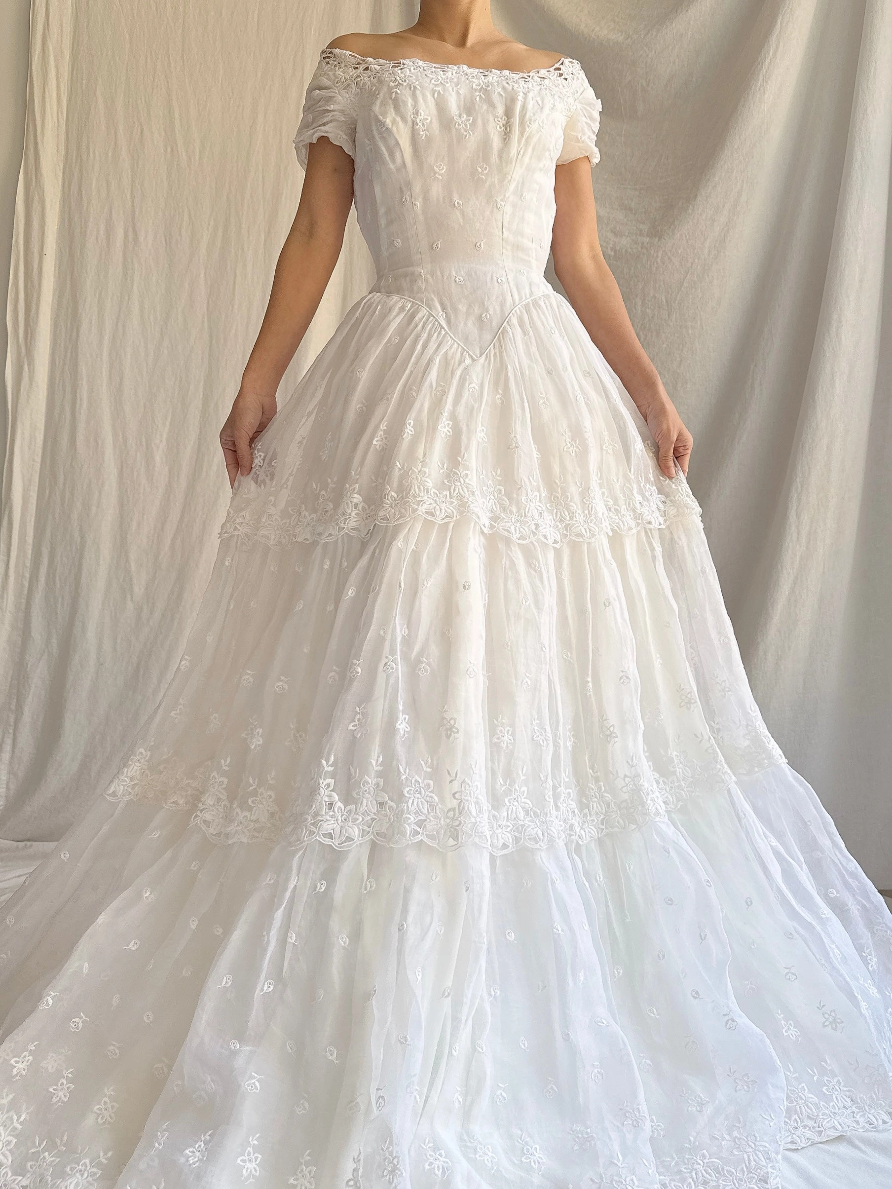 RESERVED for Colette 1950s Organdy Embroidered Gown - XS