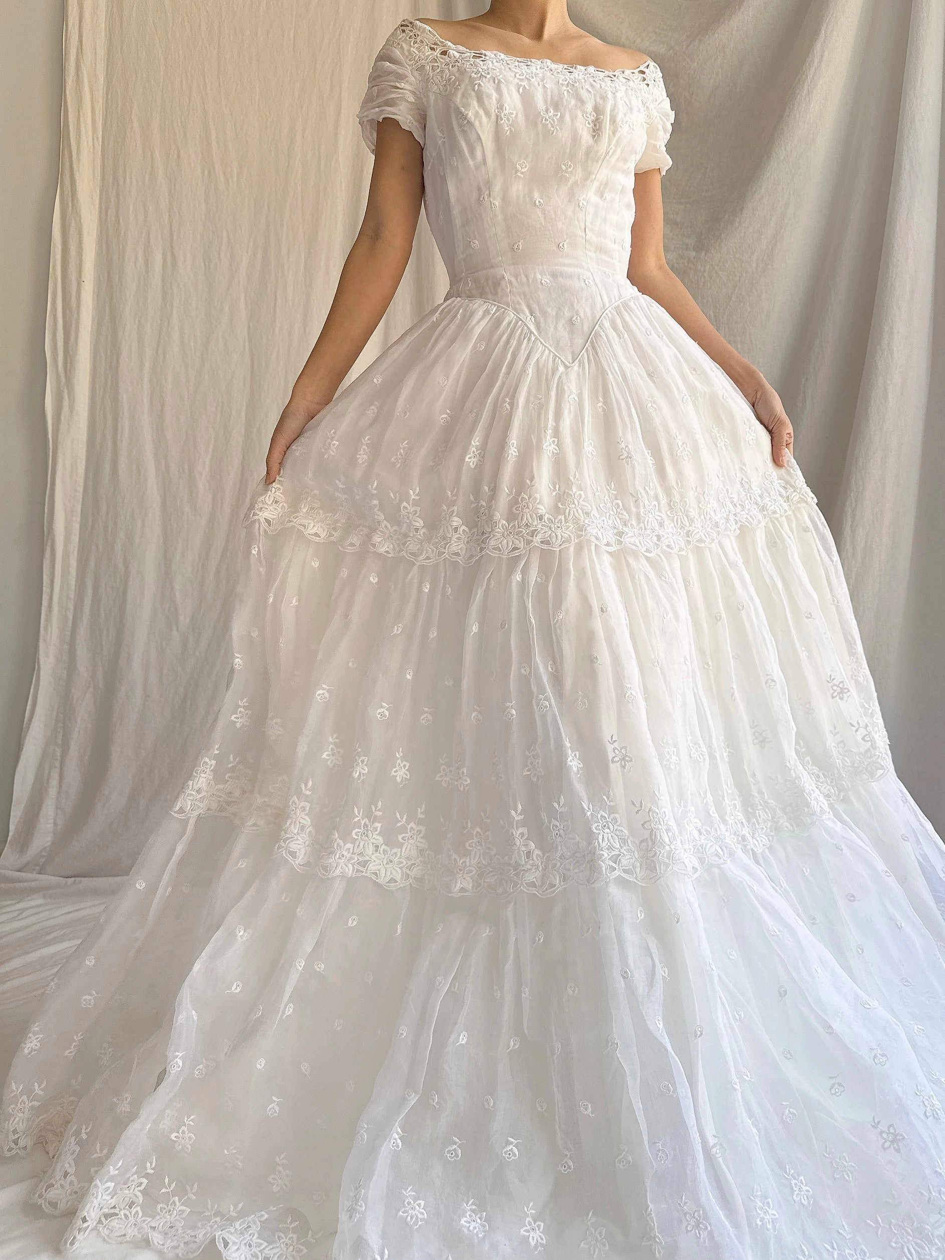 RESERVED for Colette 1950s Organdy Embroidered Gown - XS