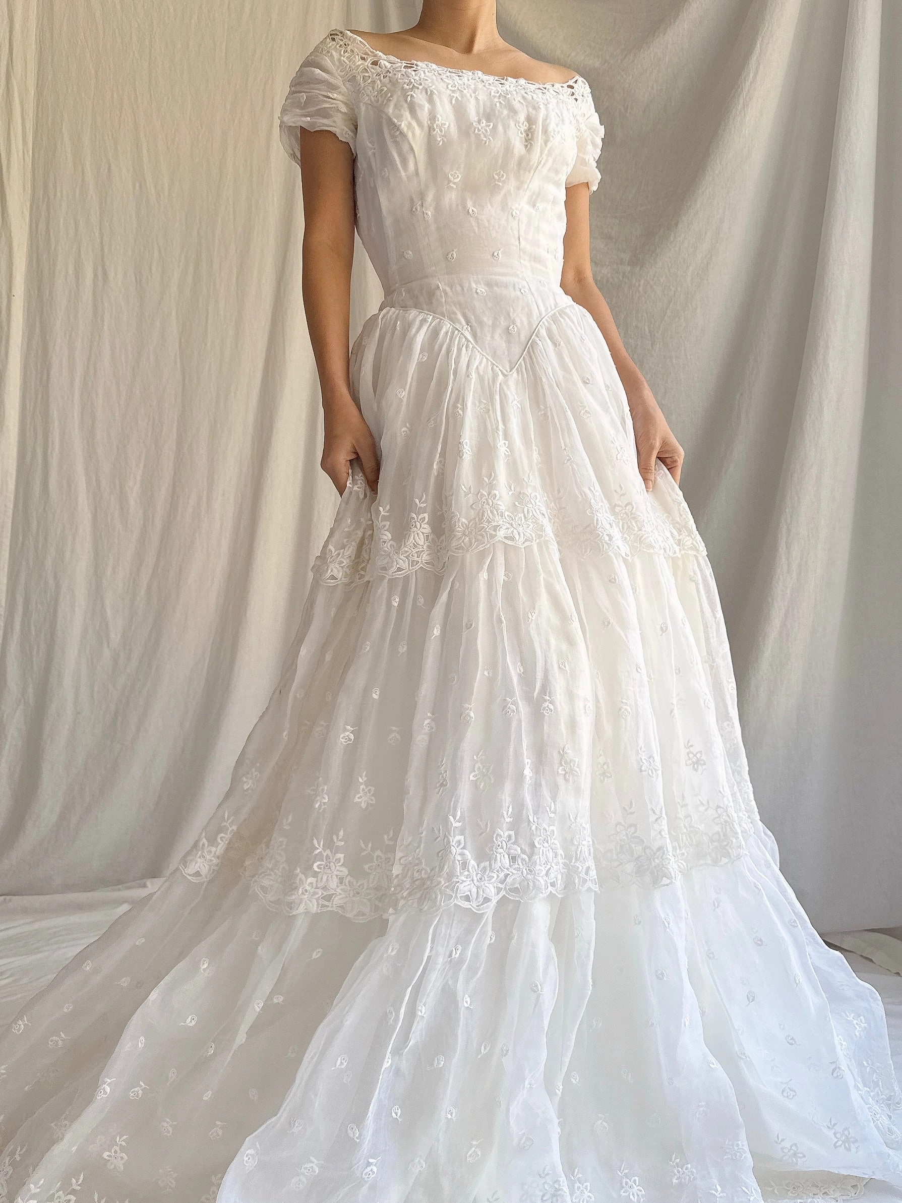 RESERVED for Colette 1950s Organdy Embroidered Gown - XS