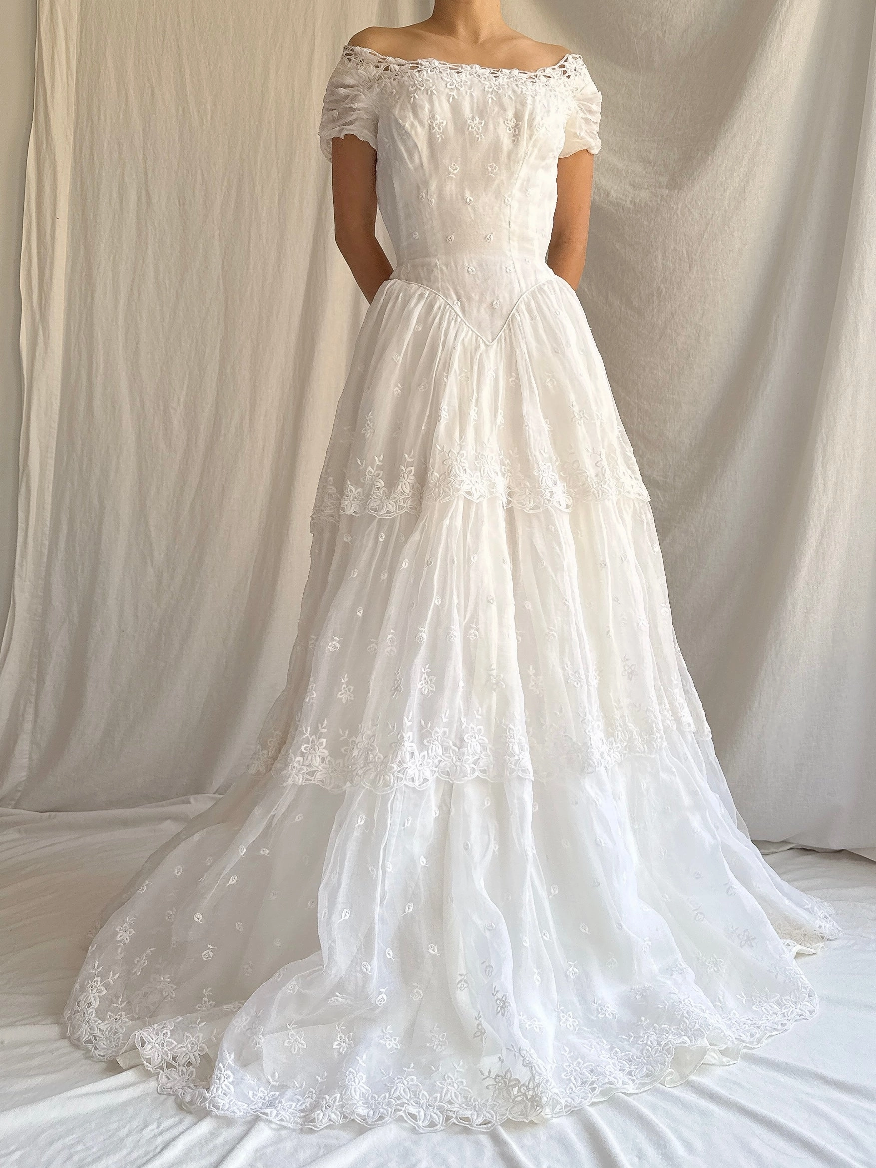 RESERVED for Colette 1950s Organdy Embroidered Gown - XS